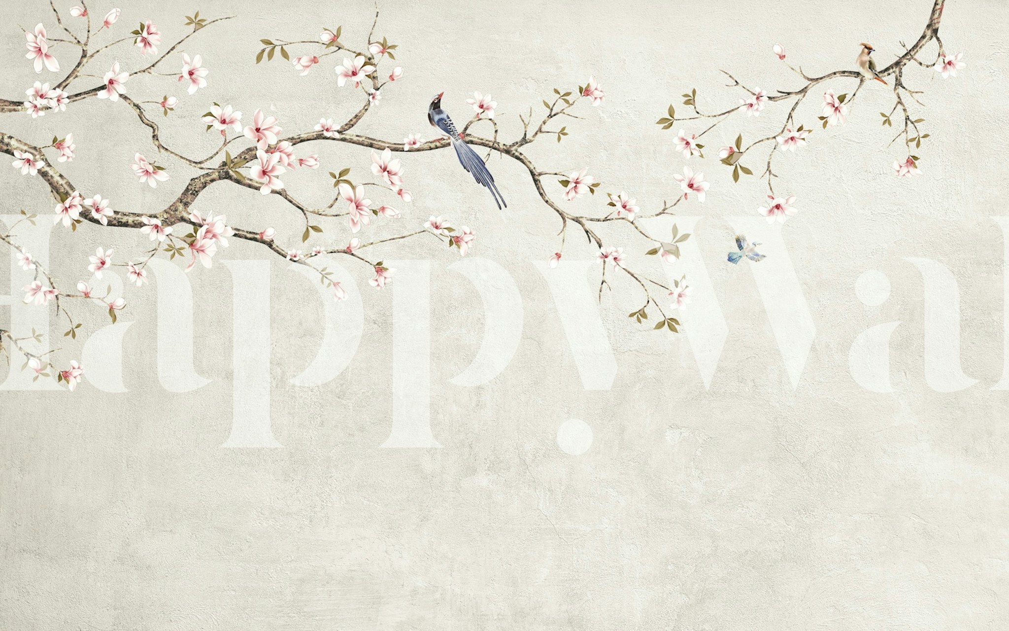 Delicate pink blossom branches on textured beige background wallpaper