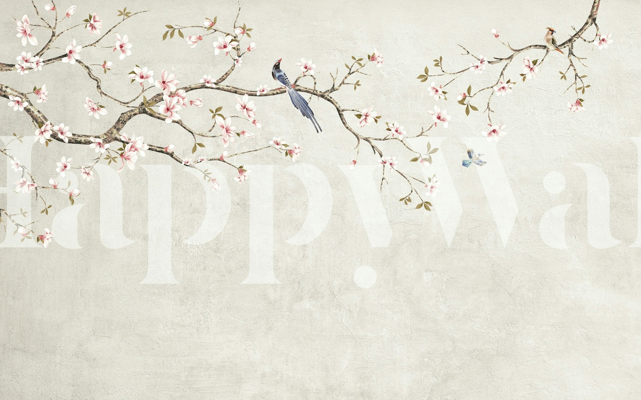 Delicate pink blossom branches on textured beige background wallpaper