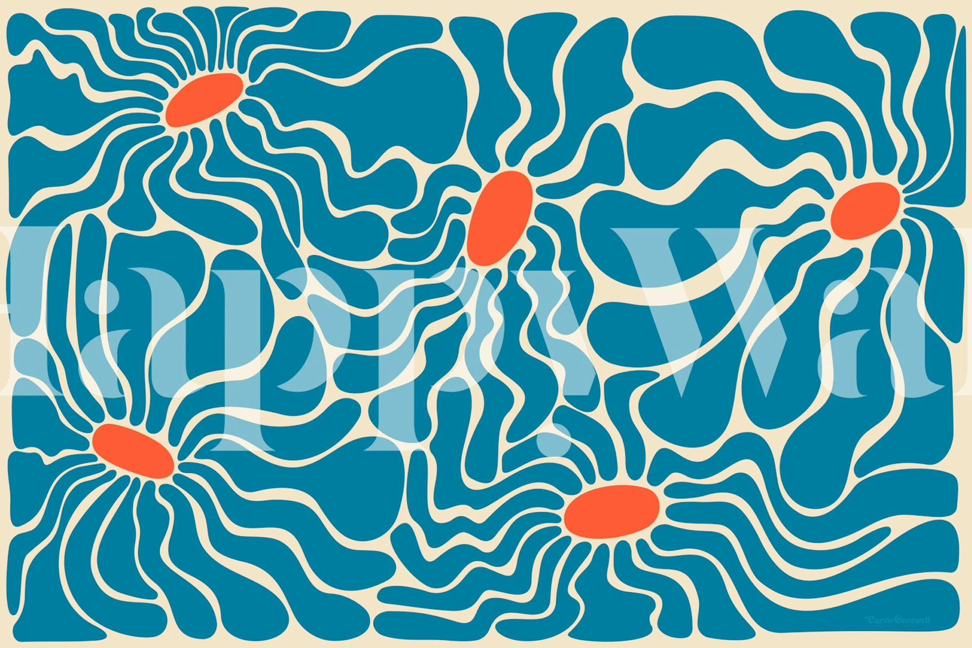 Retro blue floral pattern with orange accents wallpaper