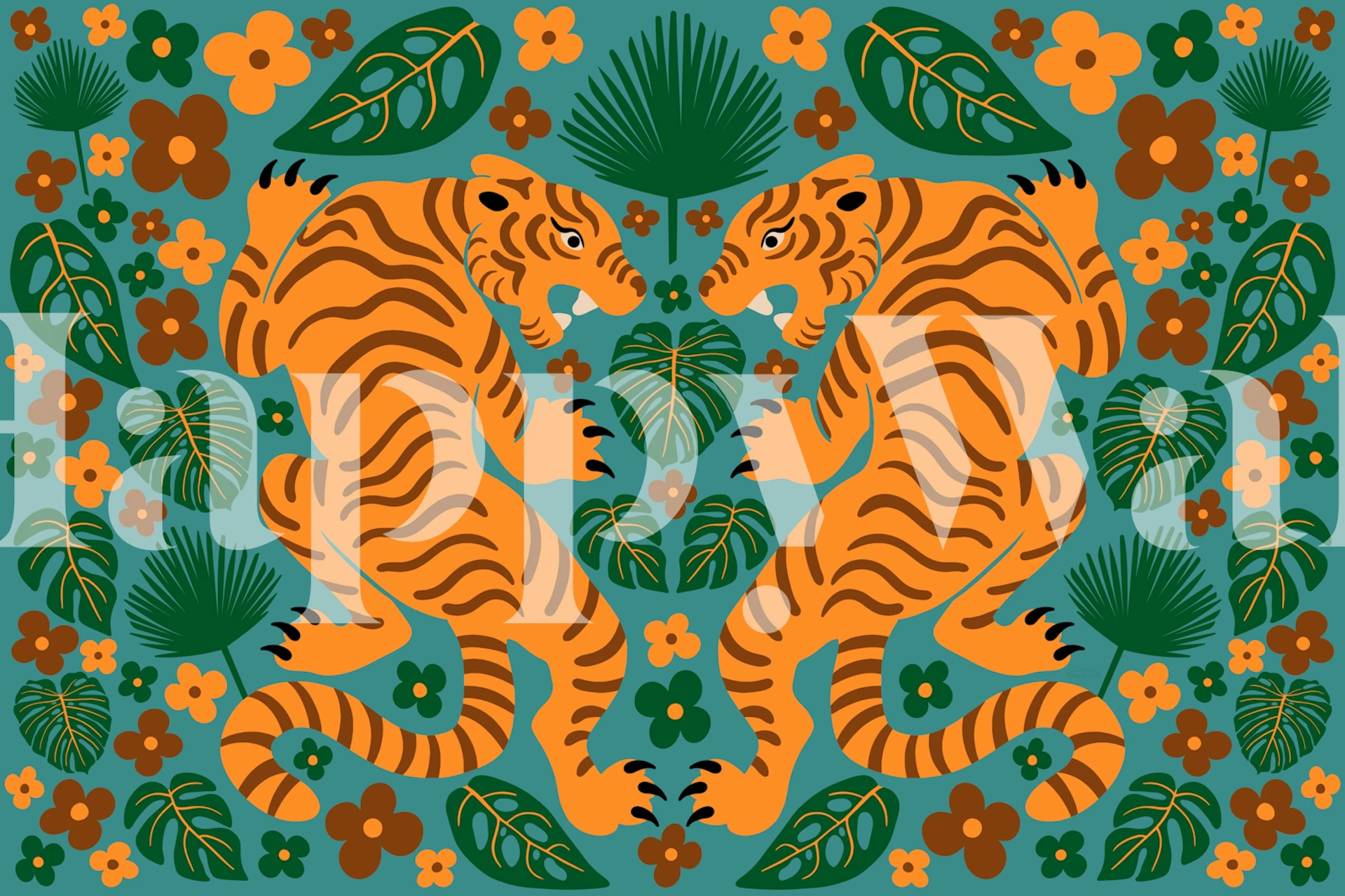 Two tigers surrounded by tropical leaves and flowers, colorful wallpaper
