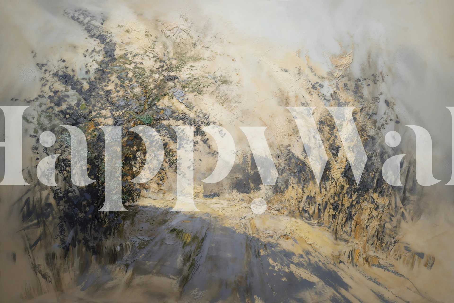 Forest pathway with soft blues and warm tones wallpaper