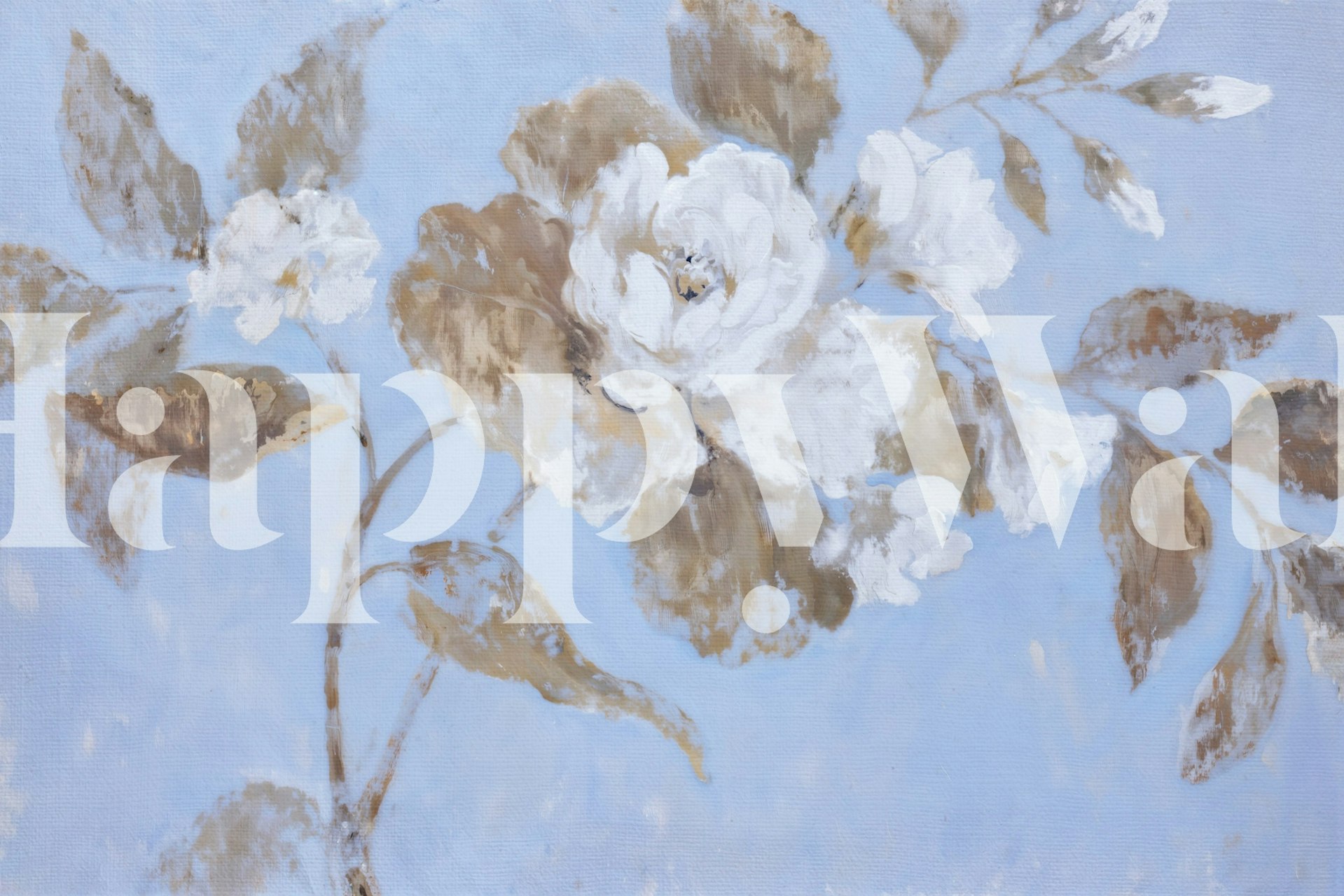 White flowers with green leaves on a light blue background wallpaper