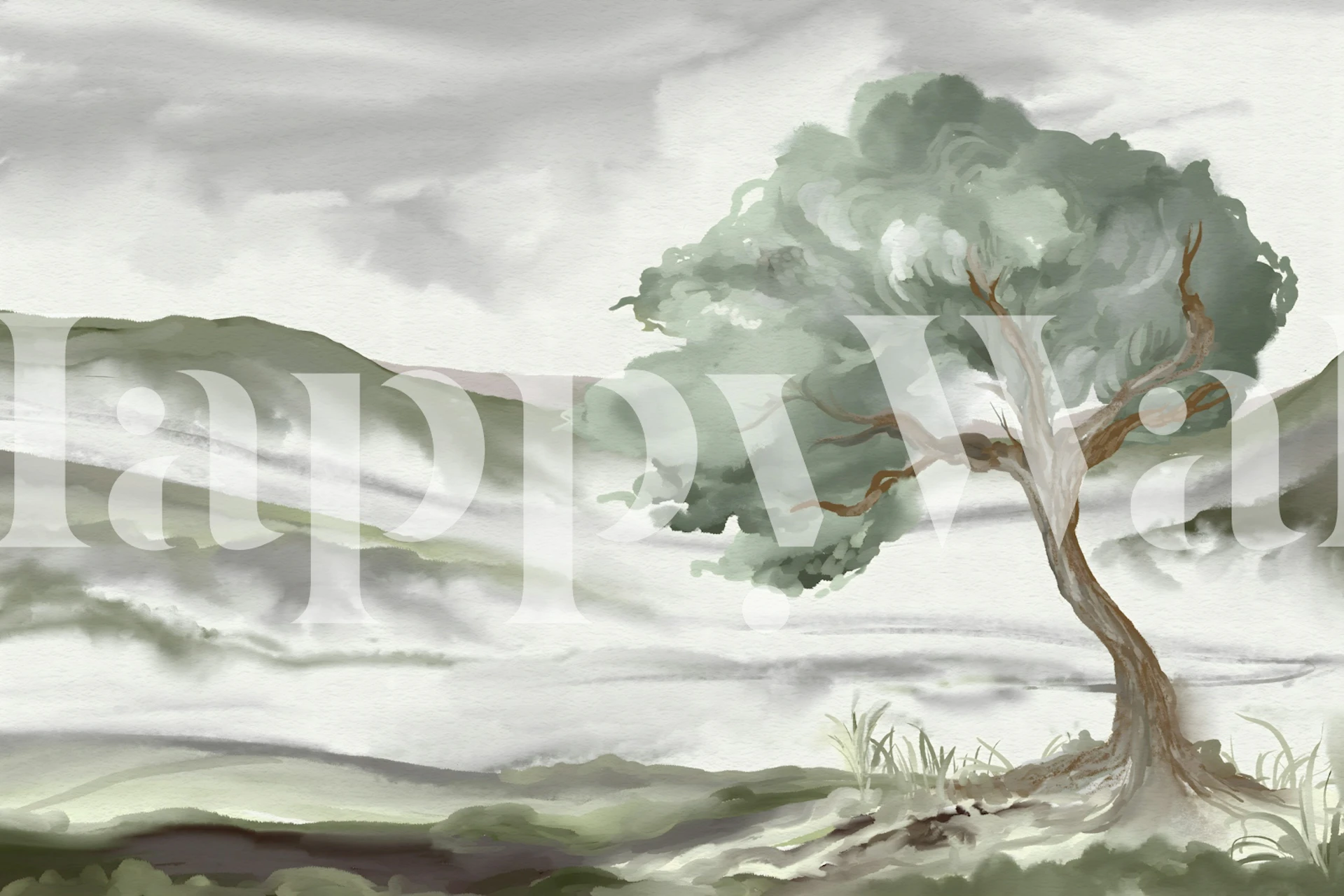 Watercolor landscape featuring a tree and soft grey hills wallpaper