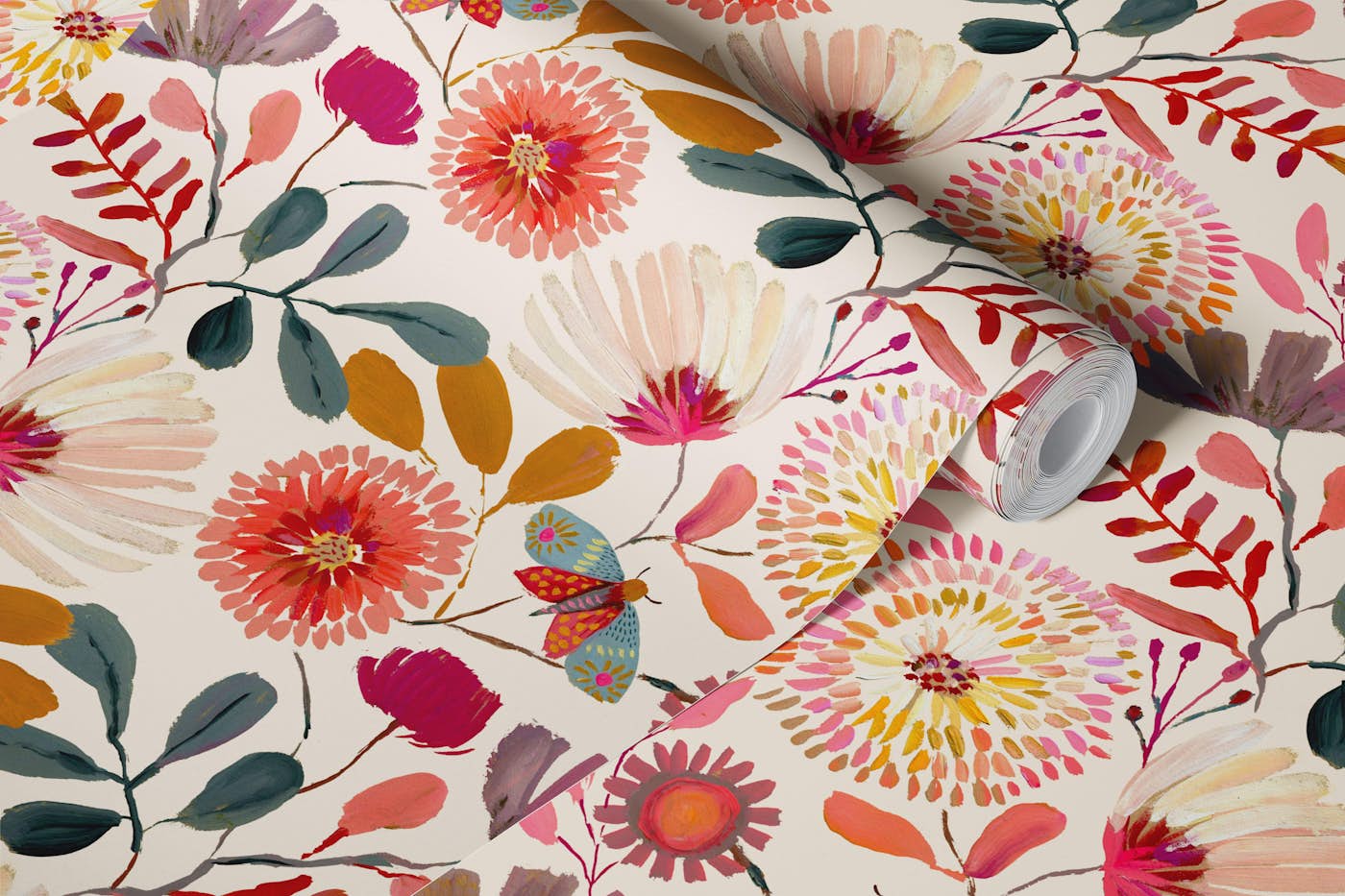 Sophisticated Botanicals painted Floral Cream wallpaper roll
