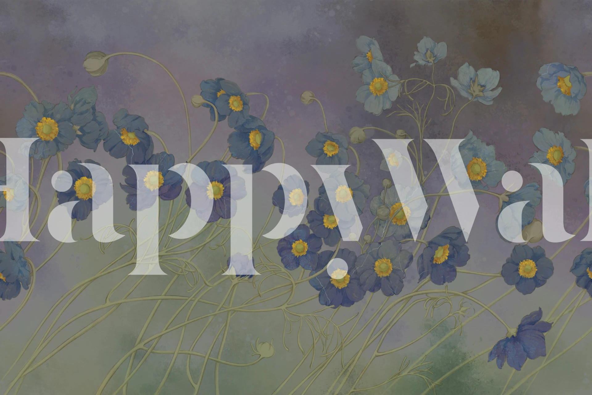 Pastel floral wallpaper with blue flowers and yellow centers on a soft purple background