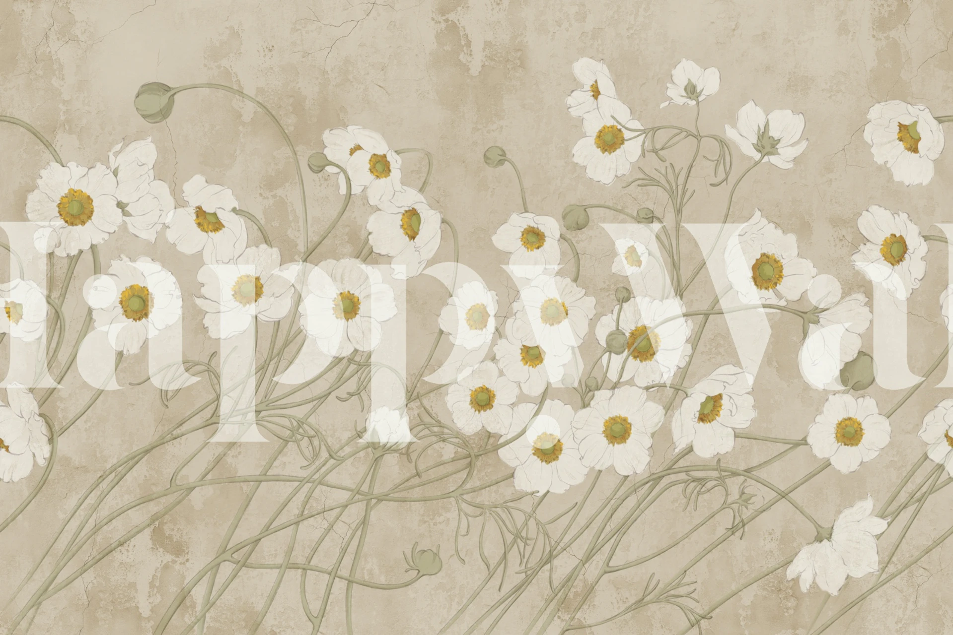 Beige wallpaper with white flowers and green stems in elegant style