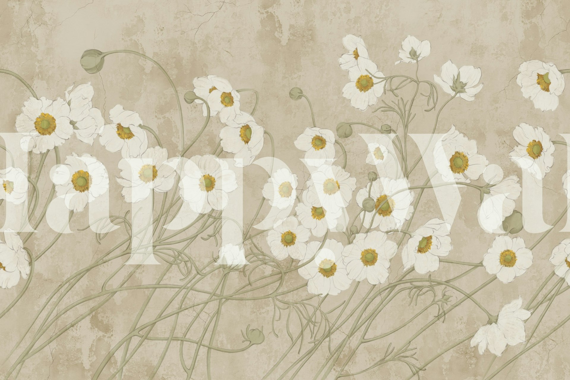Beige wallpaper with white flowers and green stems in elegant style