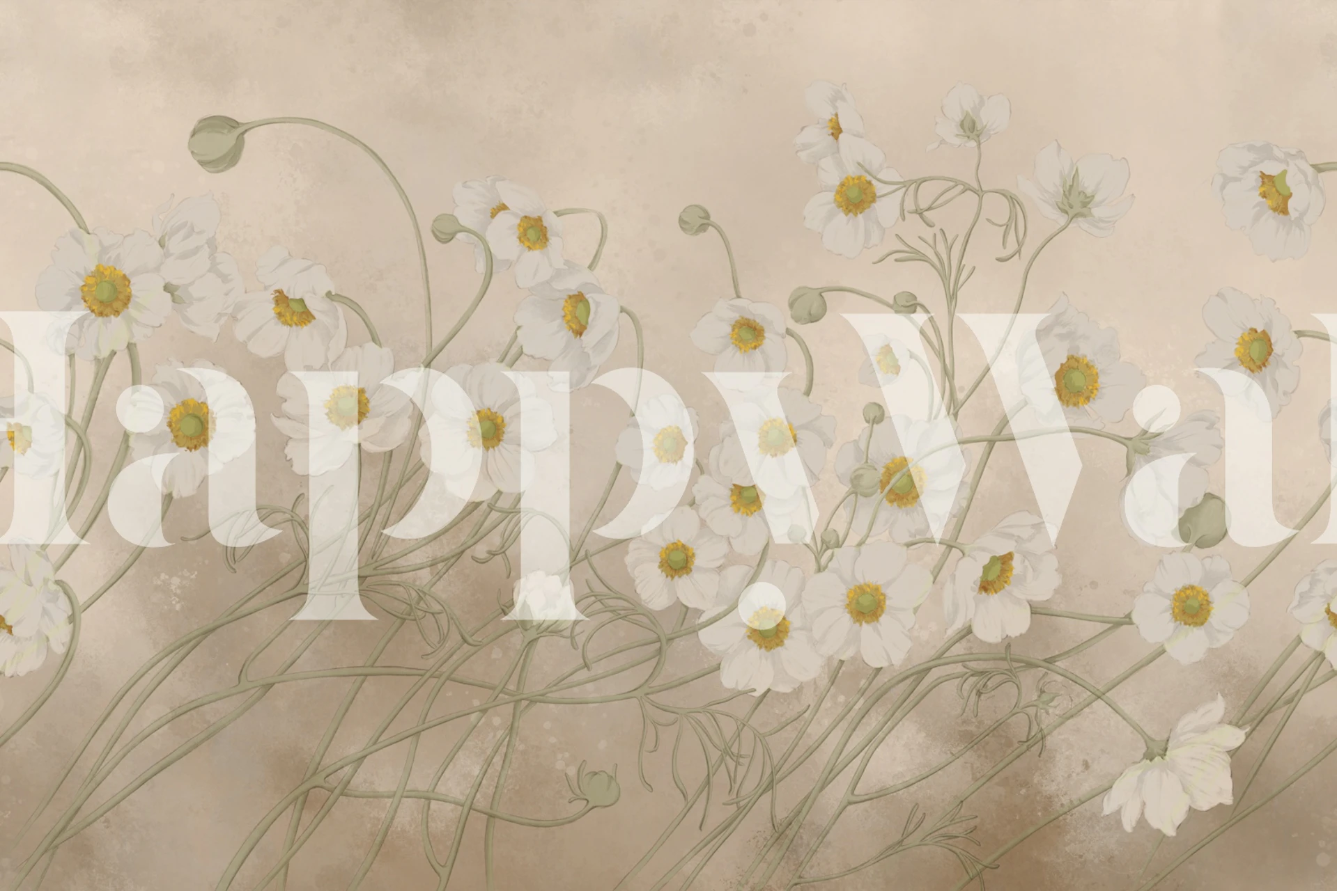 White floral patterns with green stems on a pastel background wallpaper