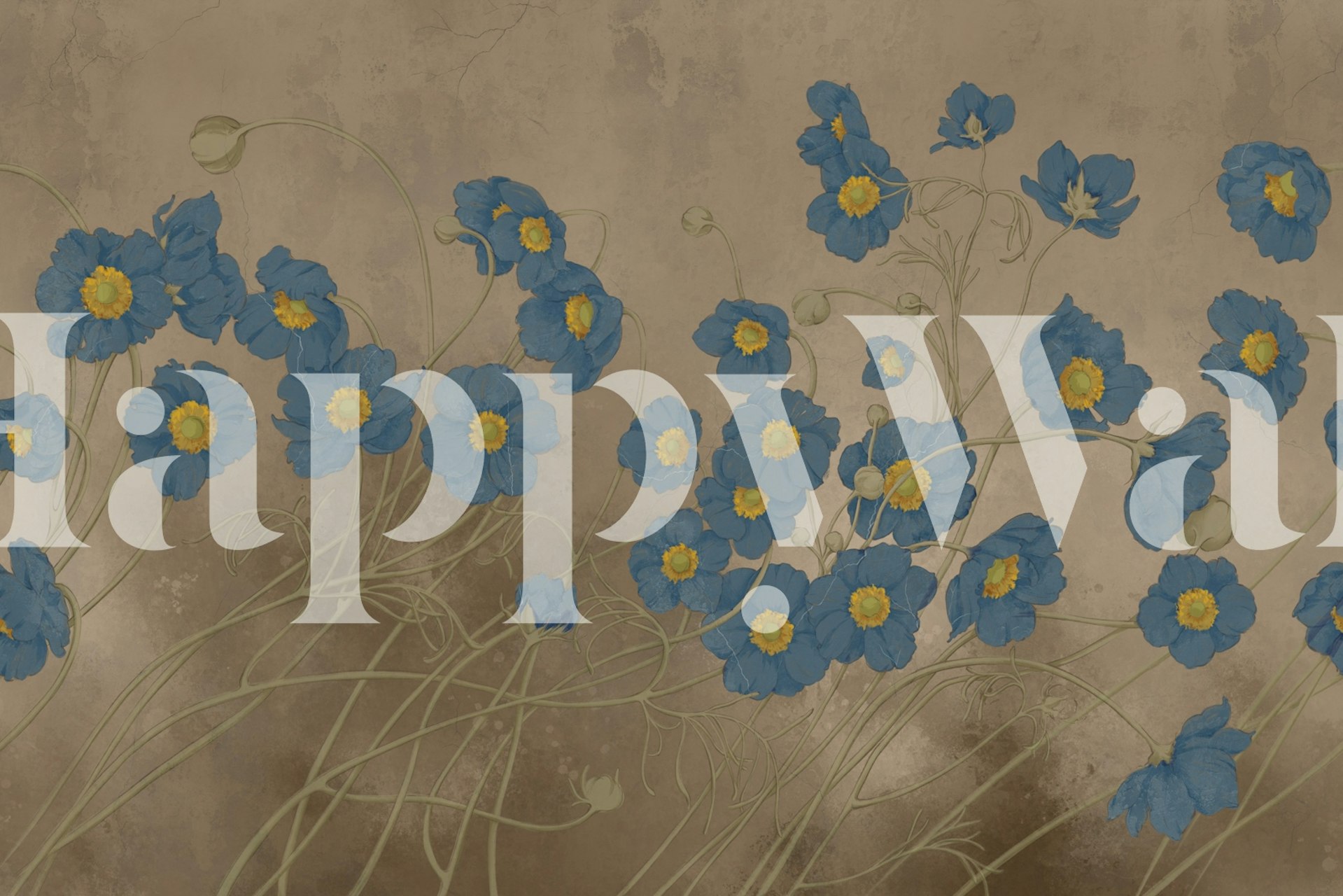 Soft blue flowers with yellow centers on a textured beige background wallpaper