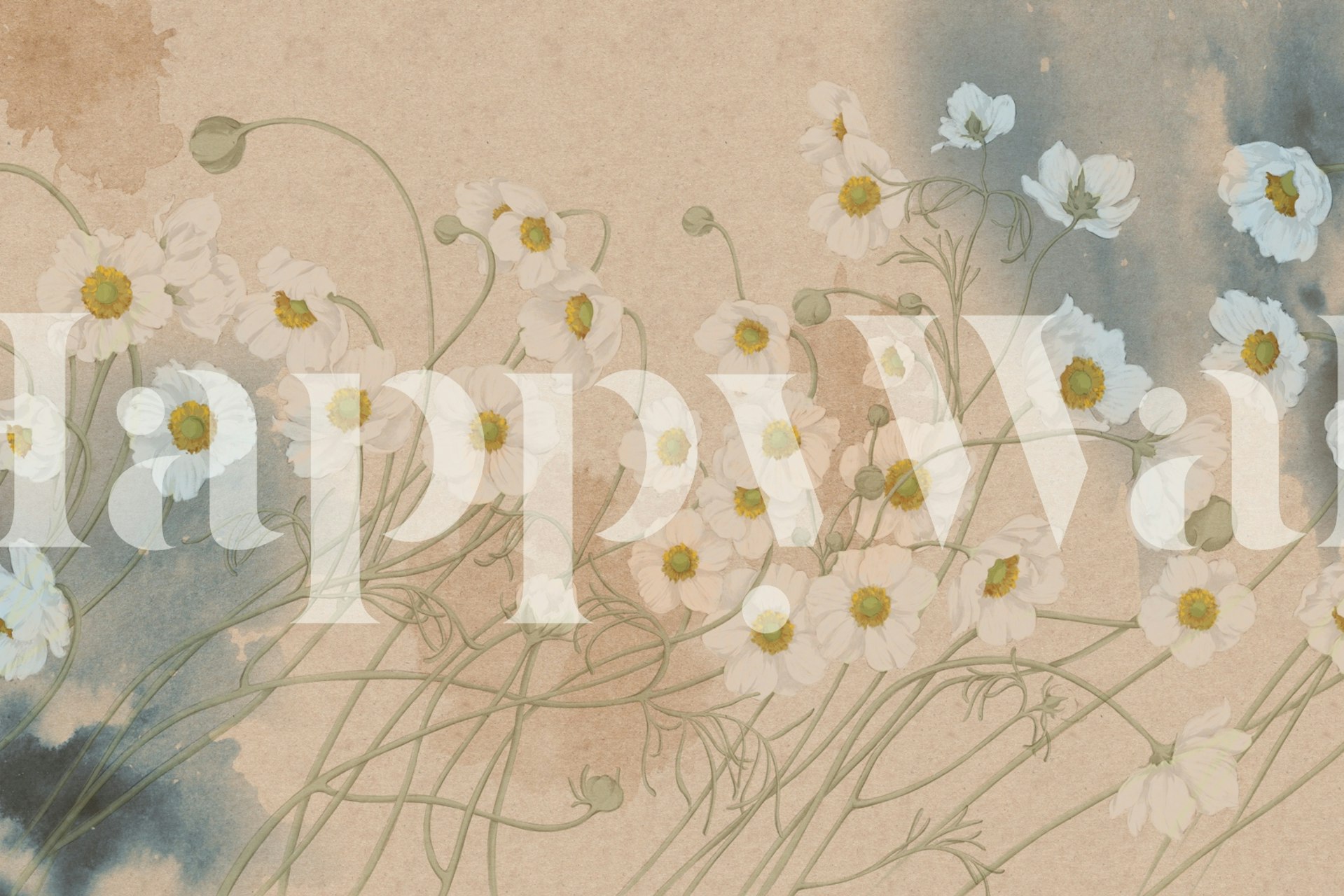 Pastel floral wall mural with white flowers and soft beige background, depicting a serene style wallpaper