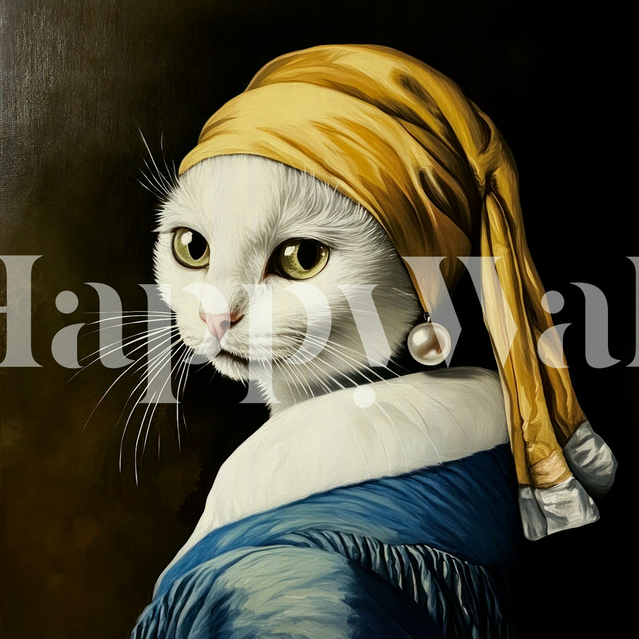White cat wearing yellow headscarf and pearl earring, blue draped clothing wallpaper