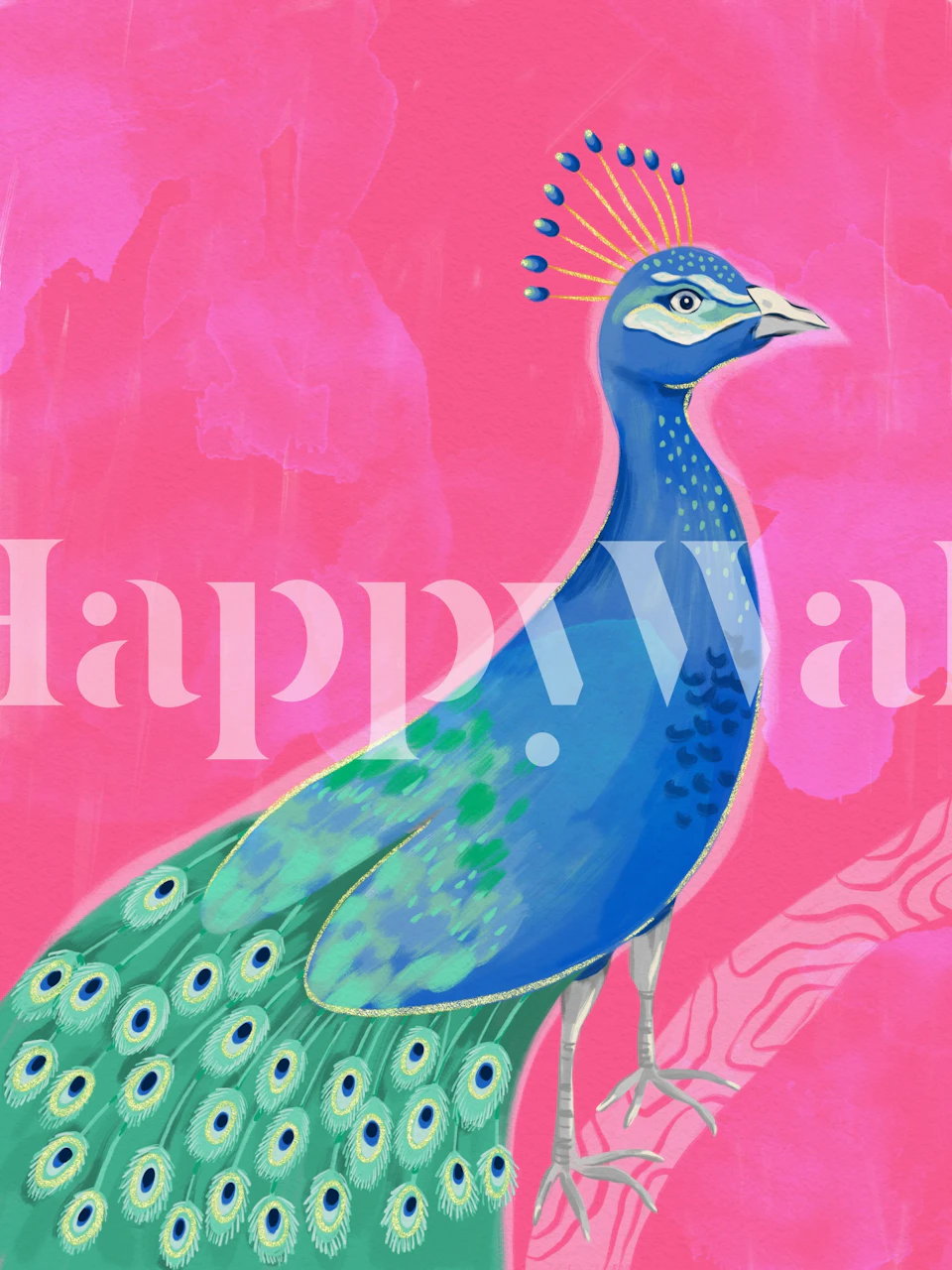 Papel pintado Vibrant Peacock Bliss mostrado en una habitación