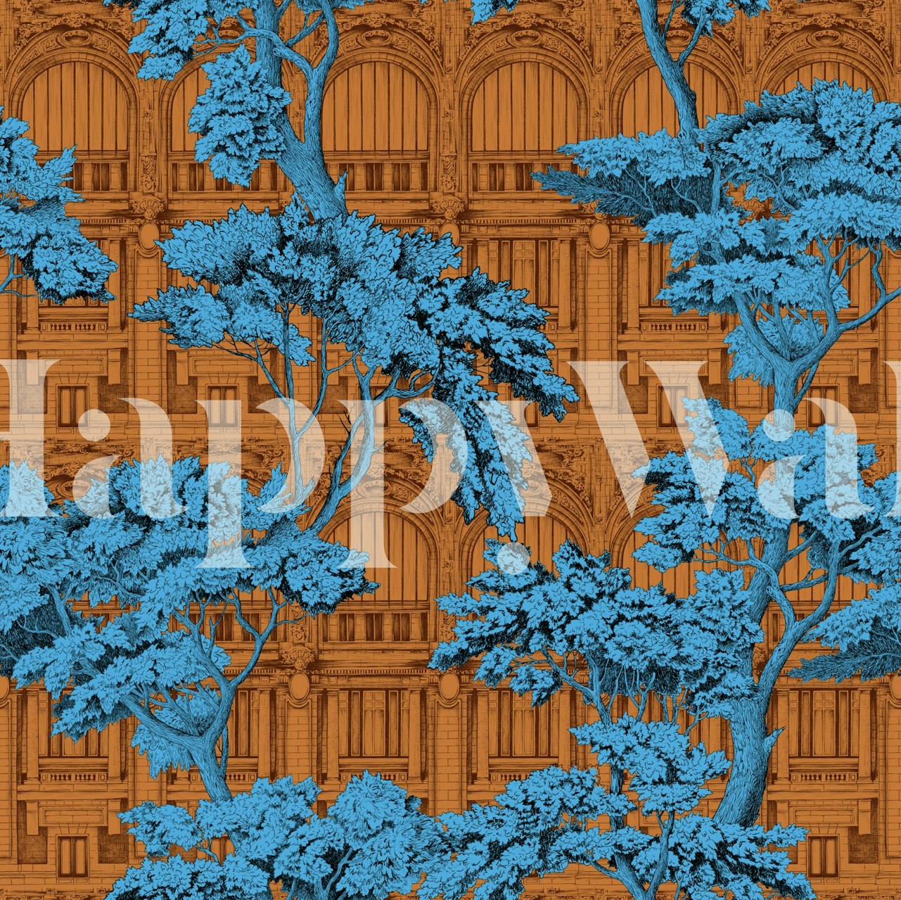Architectural wallpaper with blue trees and orange background
