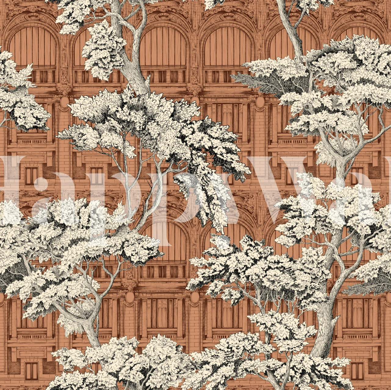 Architectural forest wallpaper with detailed trees and a warm brown background