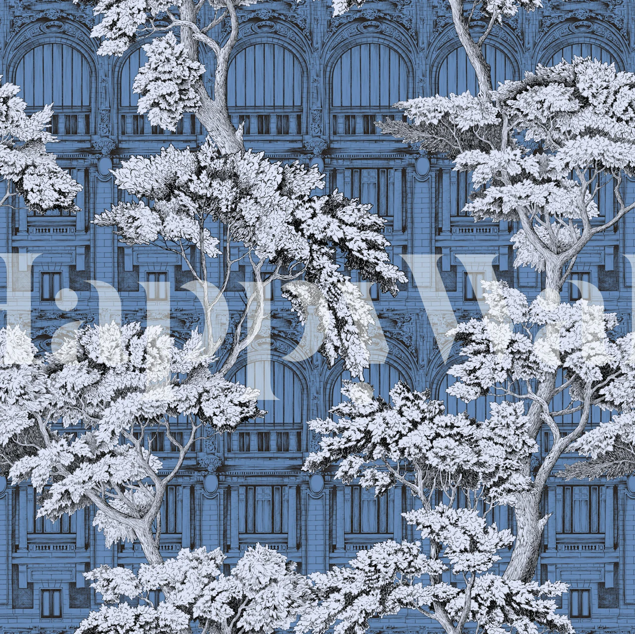 Blue floral trees with architectural background wallpaper