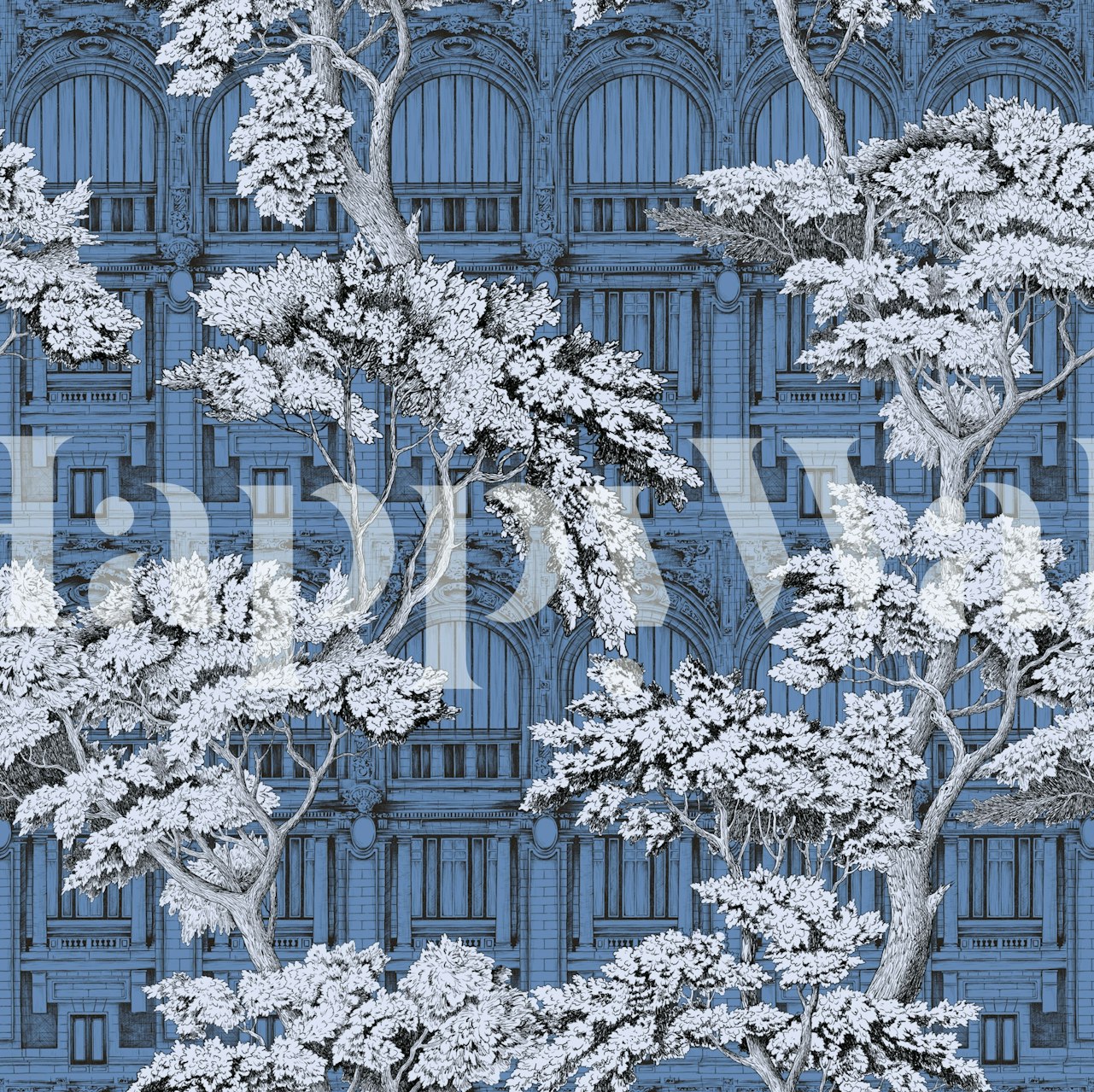 Blue floral trees with architectural background wallpaper