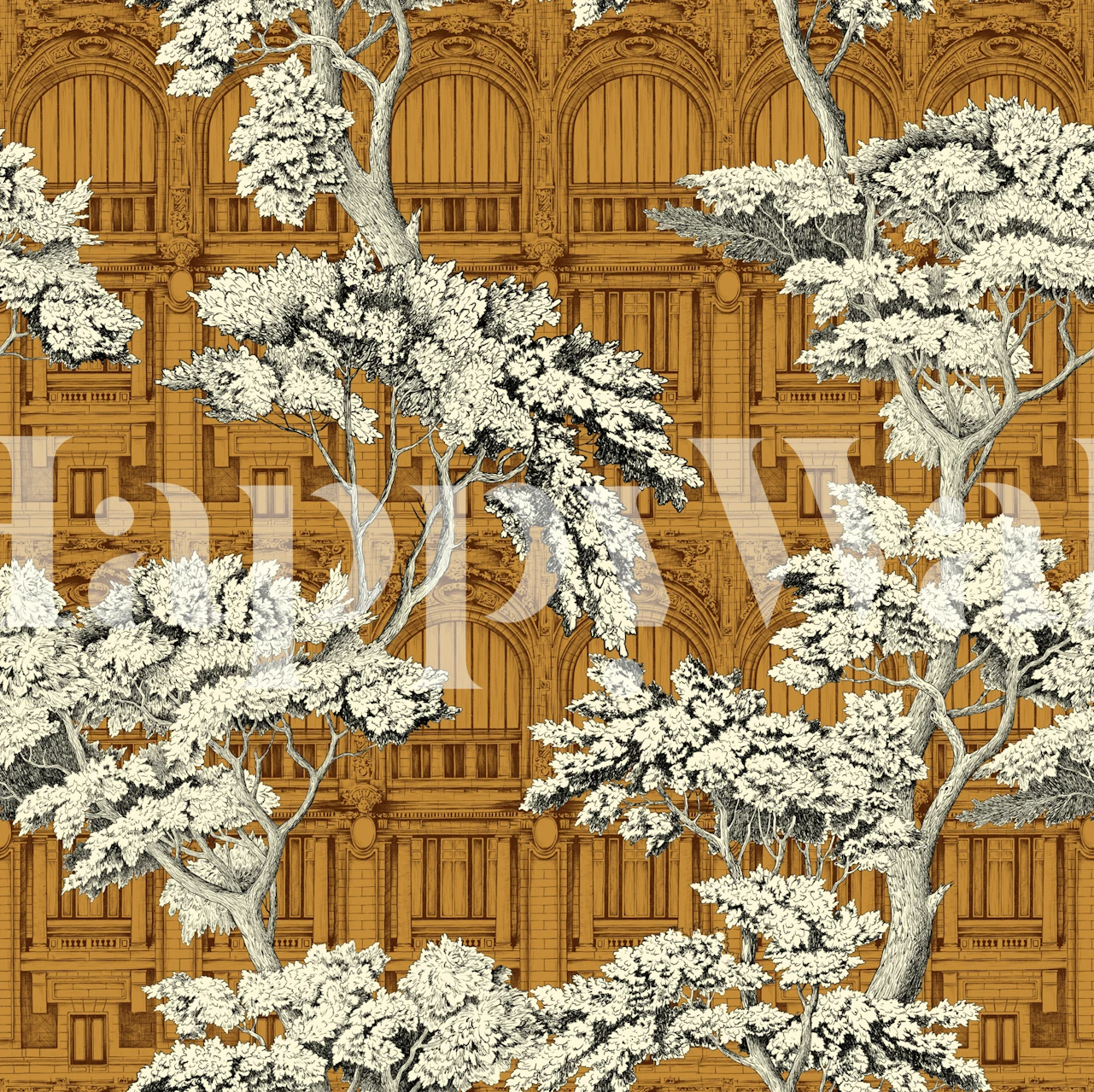 Intricate trees with vintage architecture background wallpaper