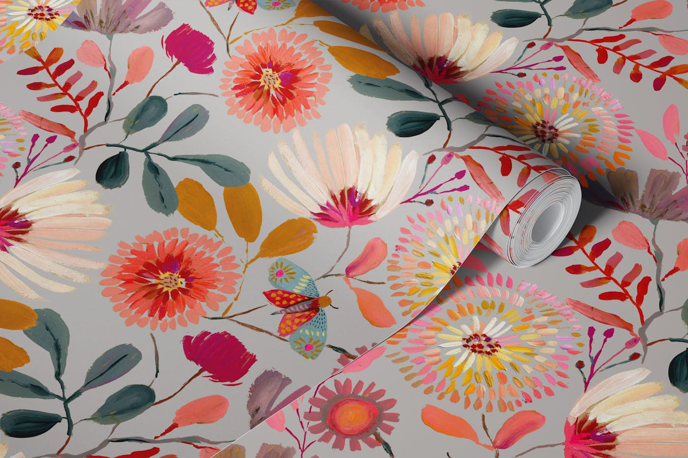 Sophisticated Botanicals light grey florals wallpaper roll