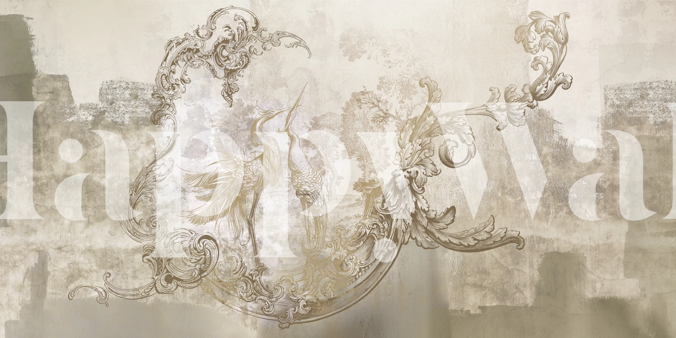 Baroque floral design with birds in beige tones wallpaper