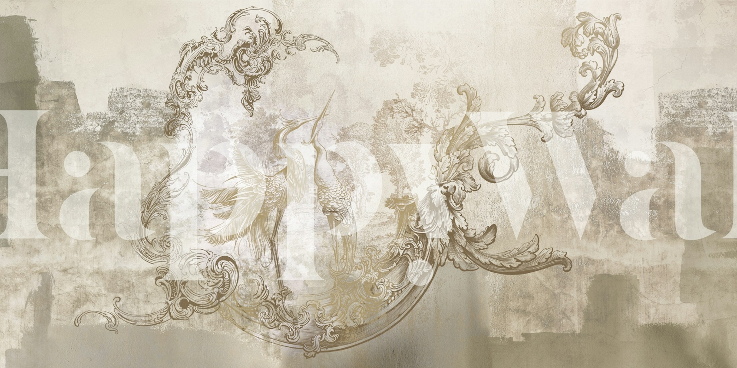 Baroque floral design with birds in beige tones wallpaper