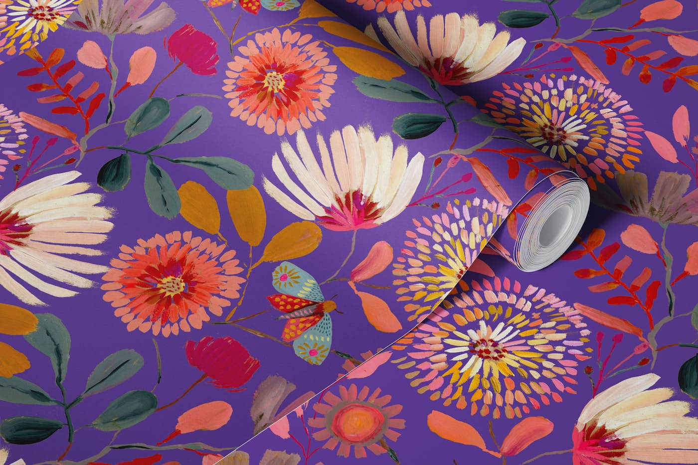 Sophisticated Botanical Purple violet Floral wallpaper roll