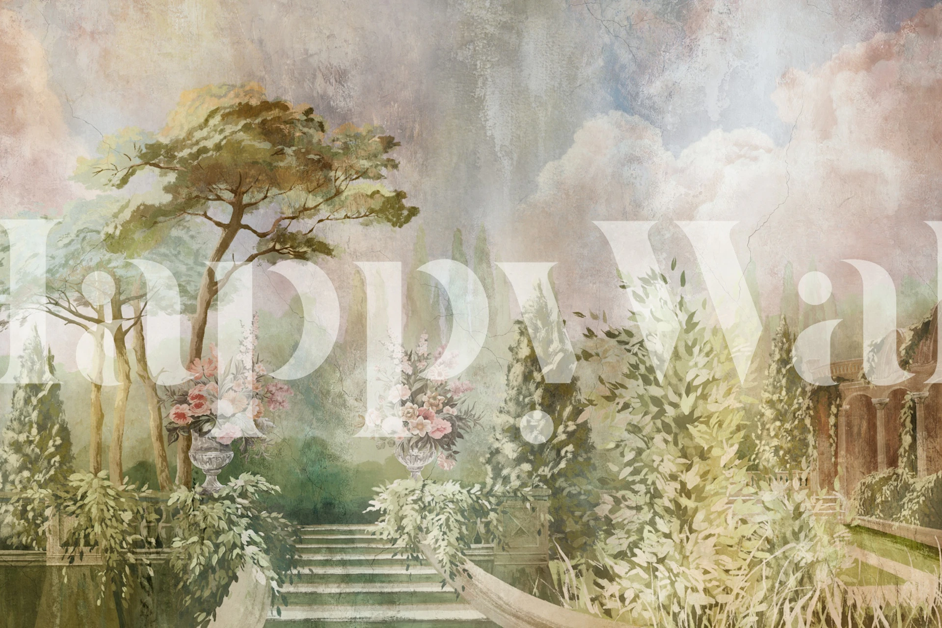 Floral garden mural with green trees and pink flowers wallpaper