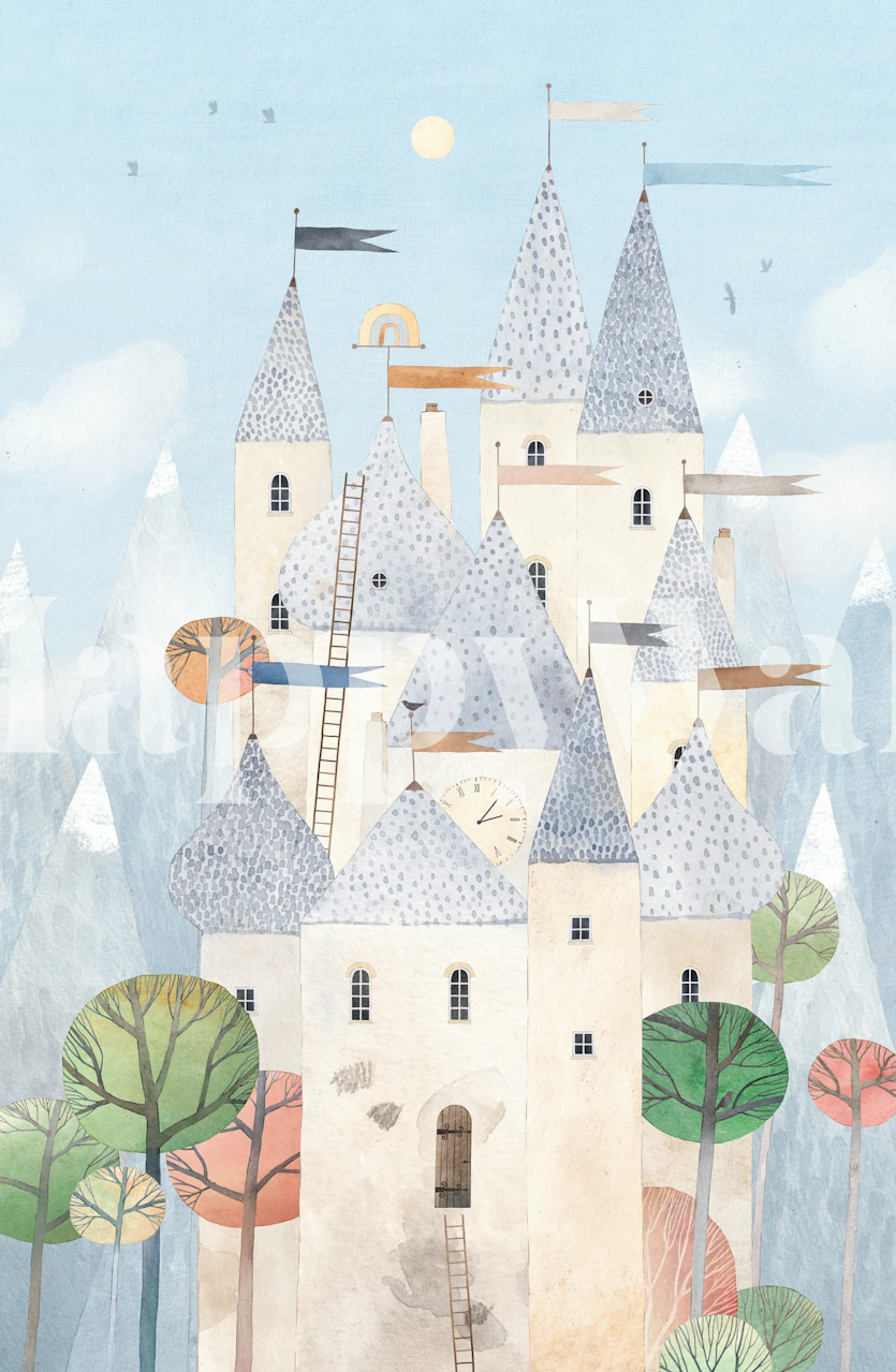 Colorful fairy tale castle wallpaper featuring pastel towers and trees