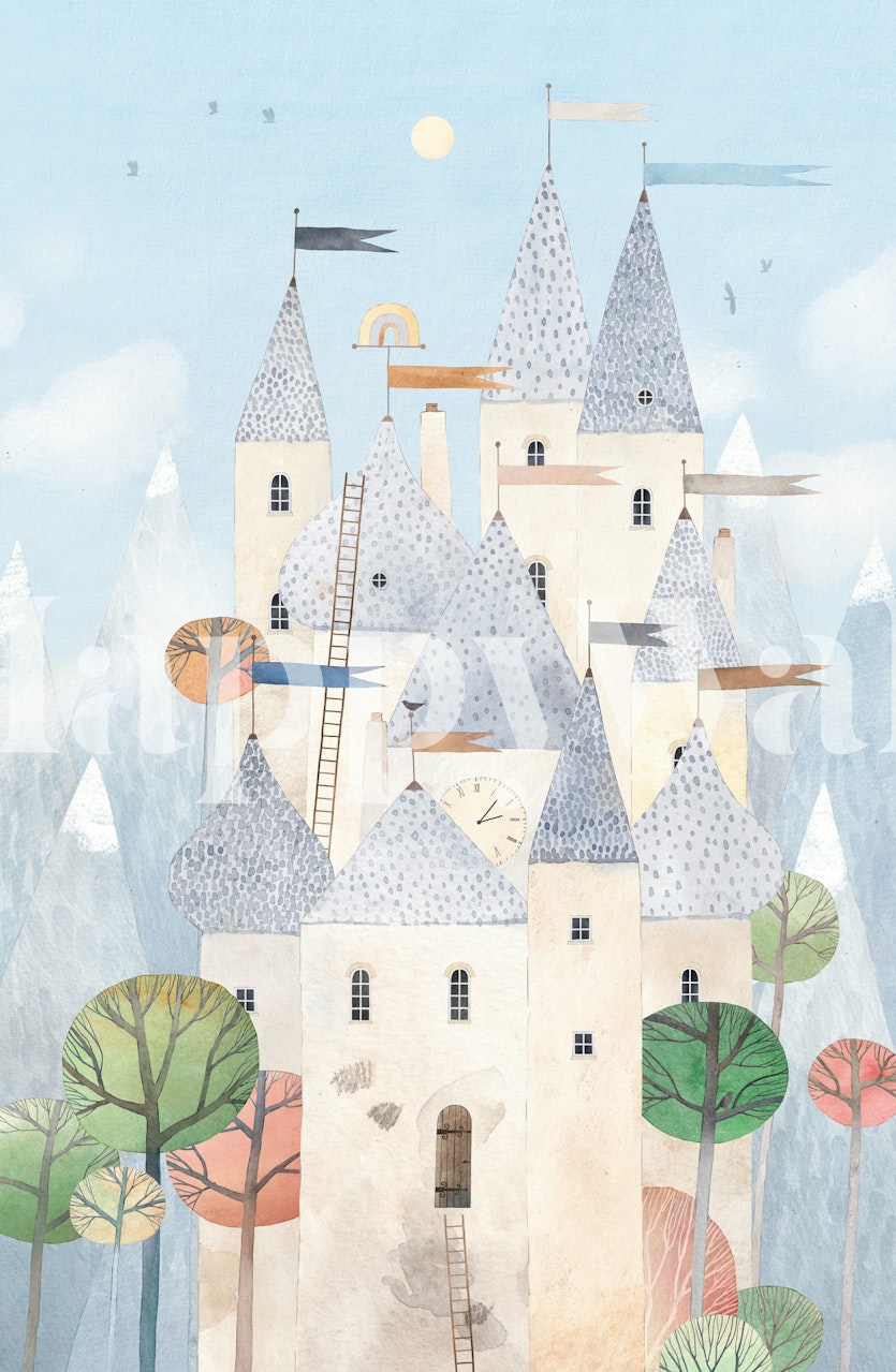 Colorful fairy tale castle wallpaper featuring pastel towers and trees