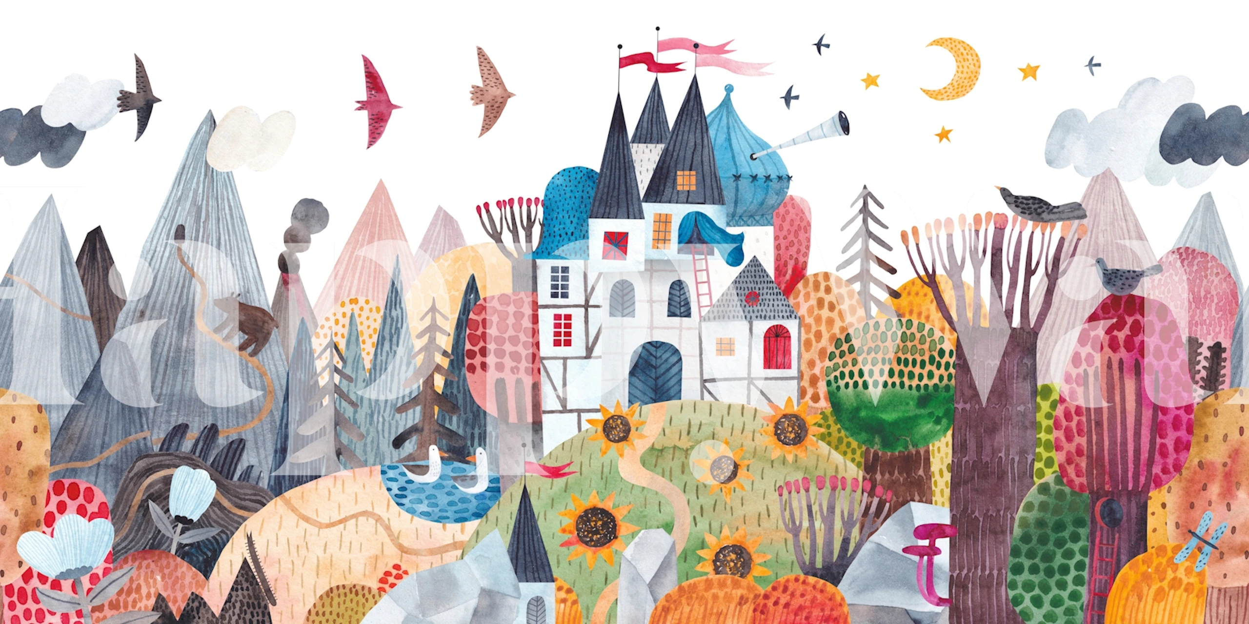 Speelse kleurrijke behangdesign van een kasteel