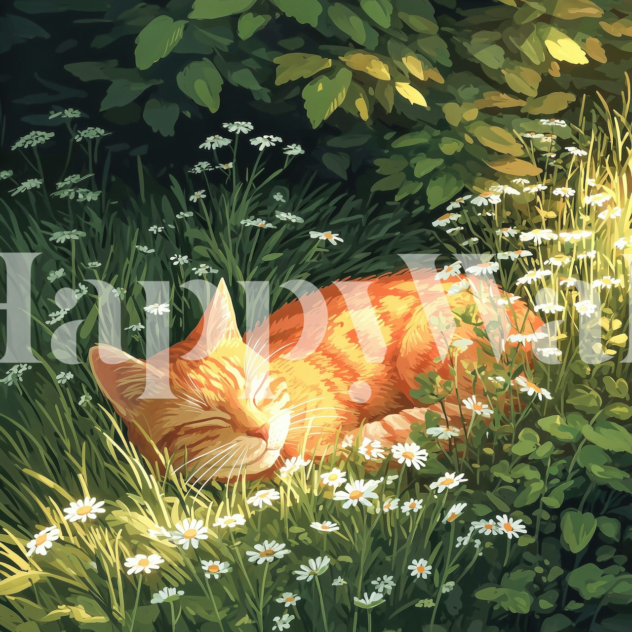 Cat sleeping in a meadow of daisies