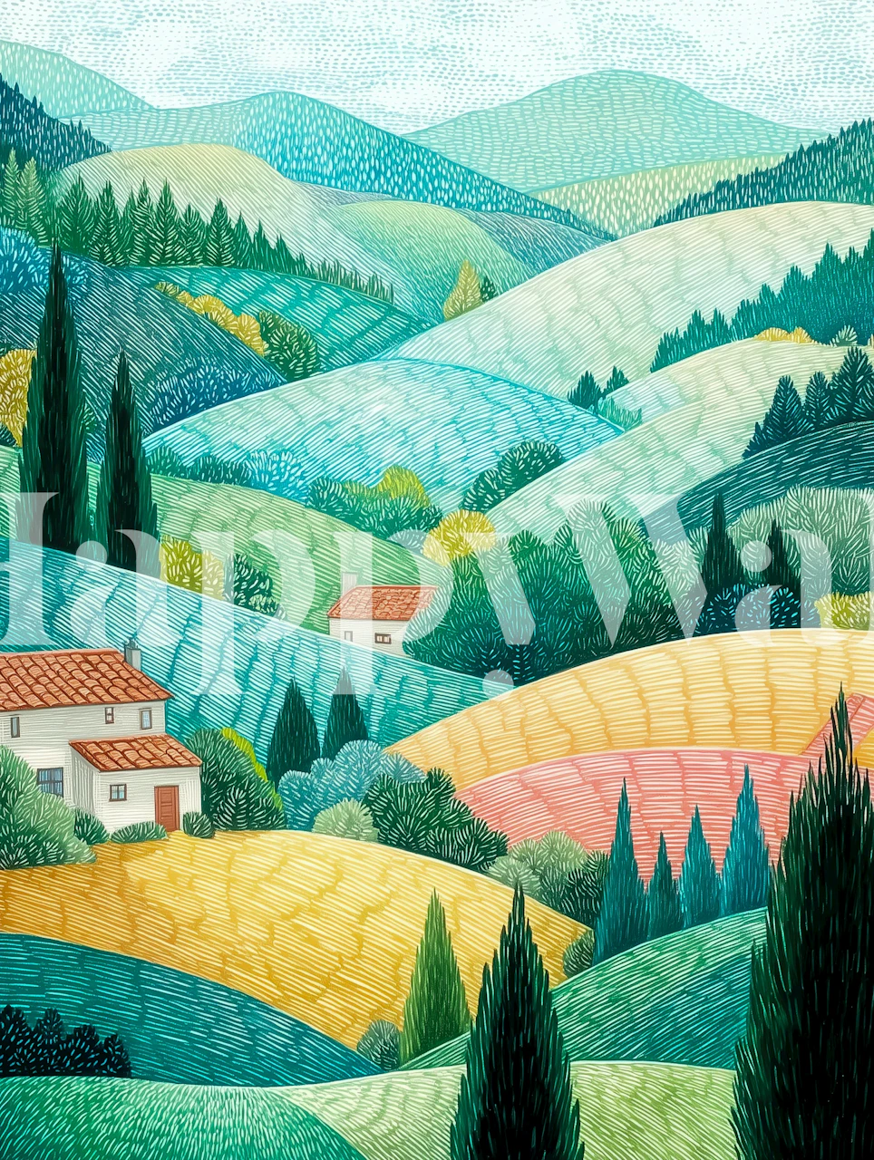 Papel de parede Tranquil Tuscan Hills exibido em um cômodo