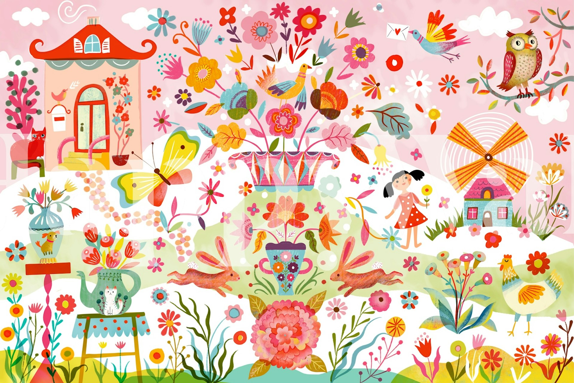 Colorful folk art flowers, houses, and animals wallpaper