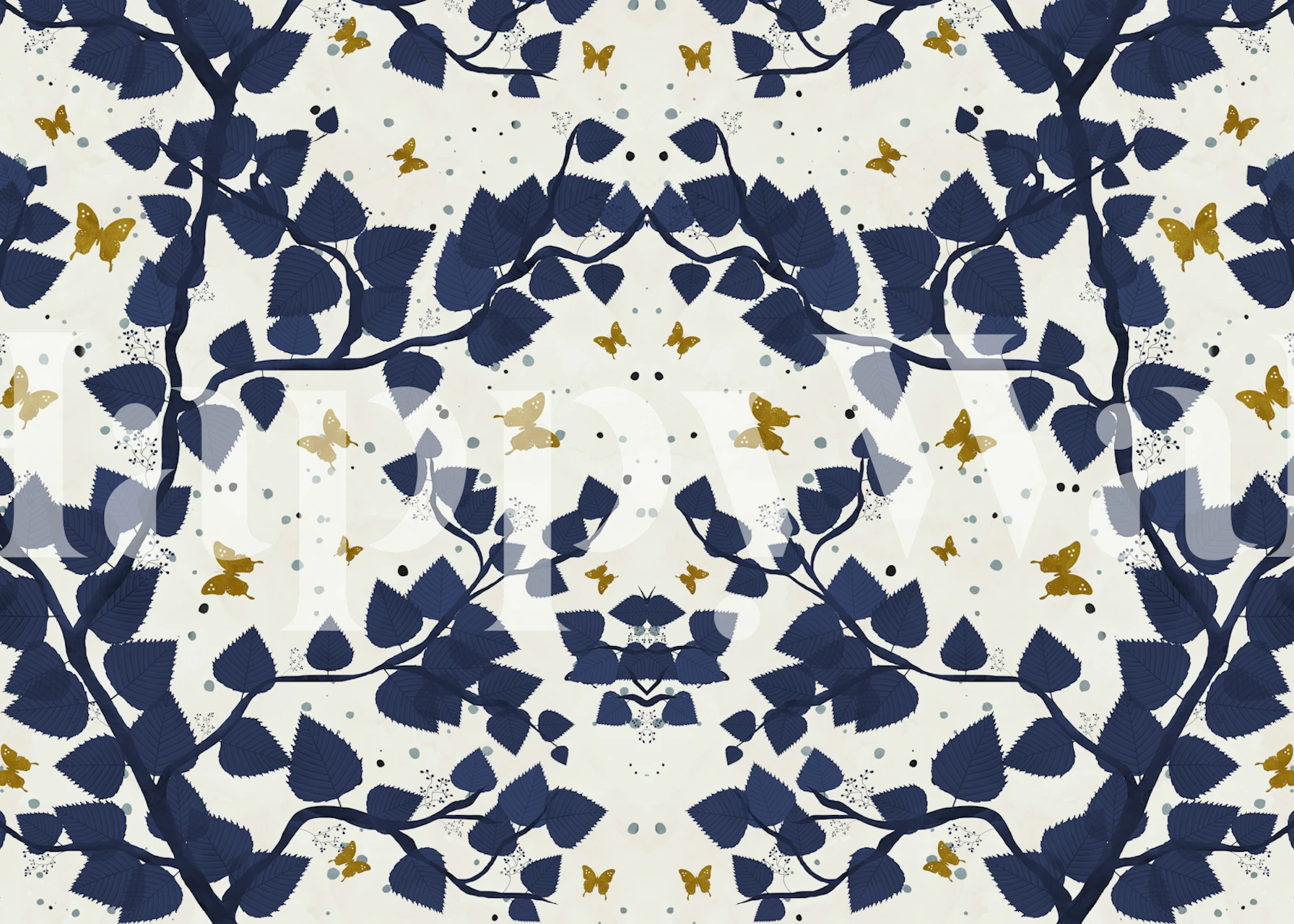 Blue and gold butterflies on tree branches with leaves wallpaper