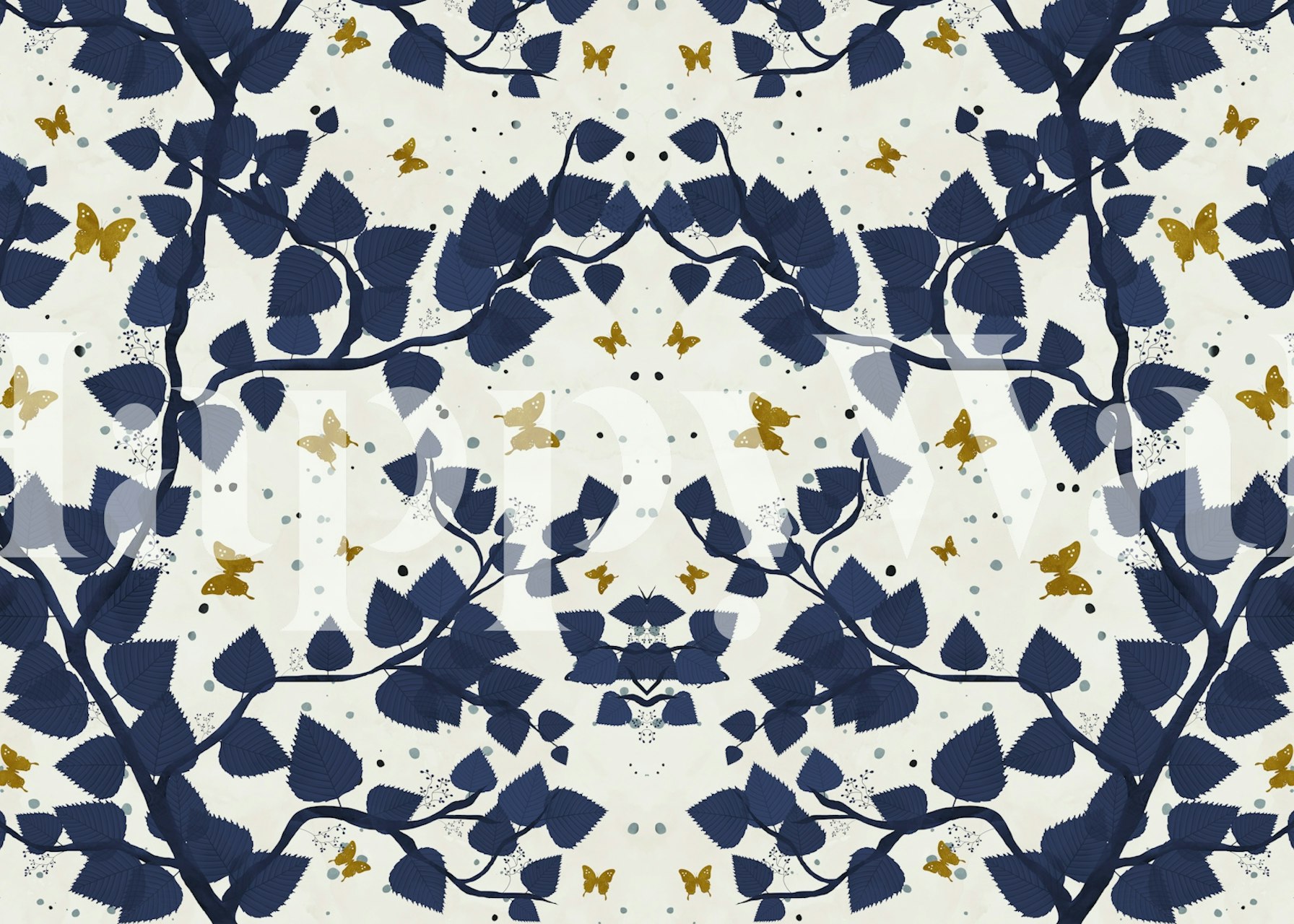Blue and gold butterflies on tree branches with leaves wallpaper