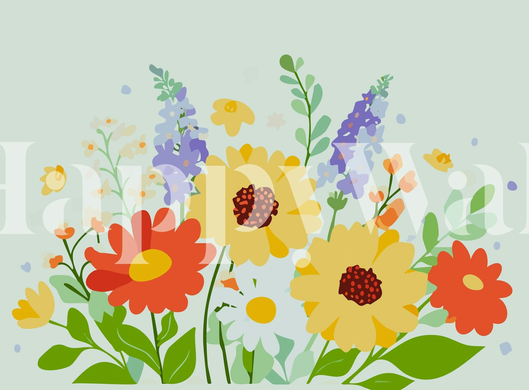 Colorful flowers in vibrant reds, yellows, and greens wallpaper