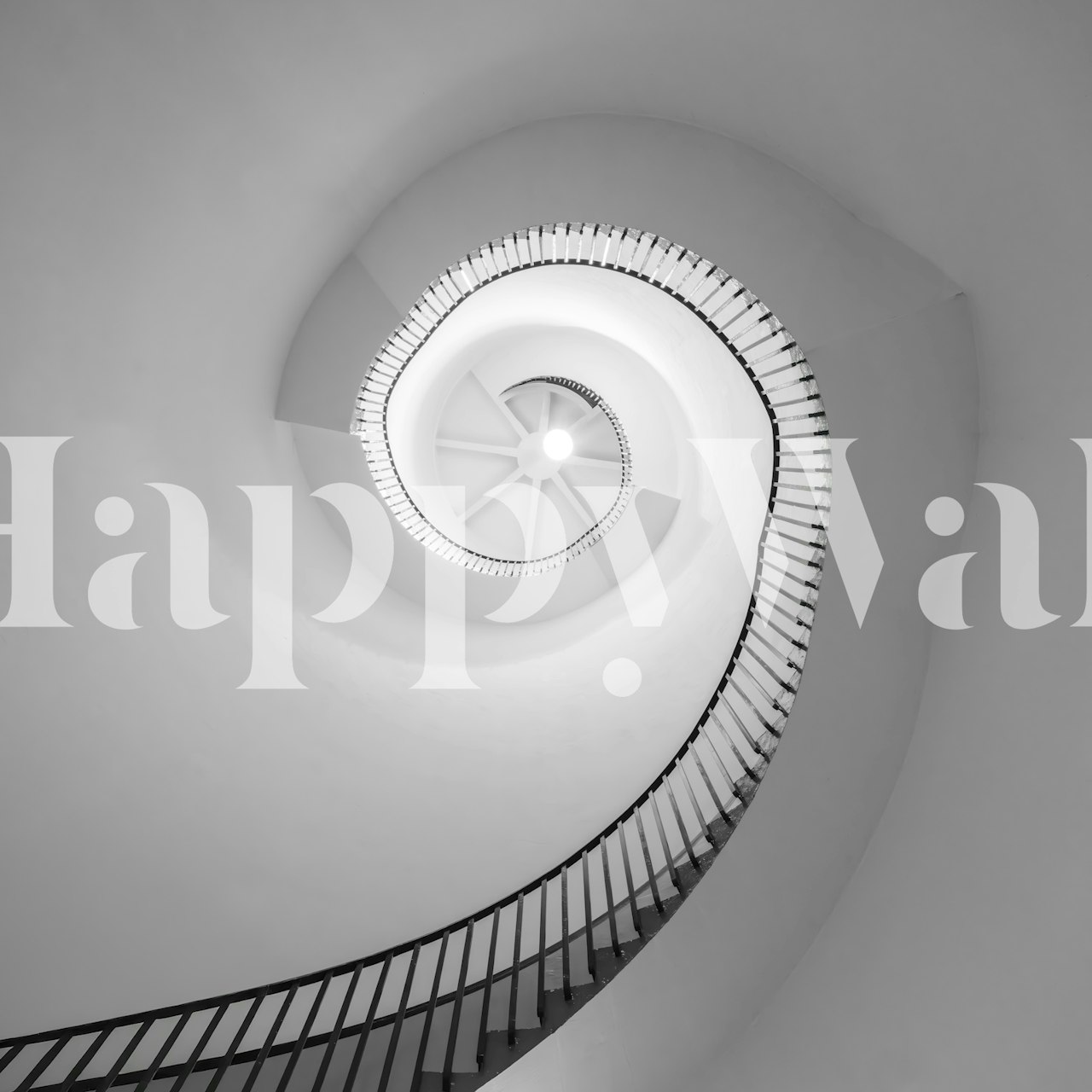 Spiral staircase with black railing and white wall wallpaper