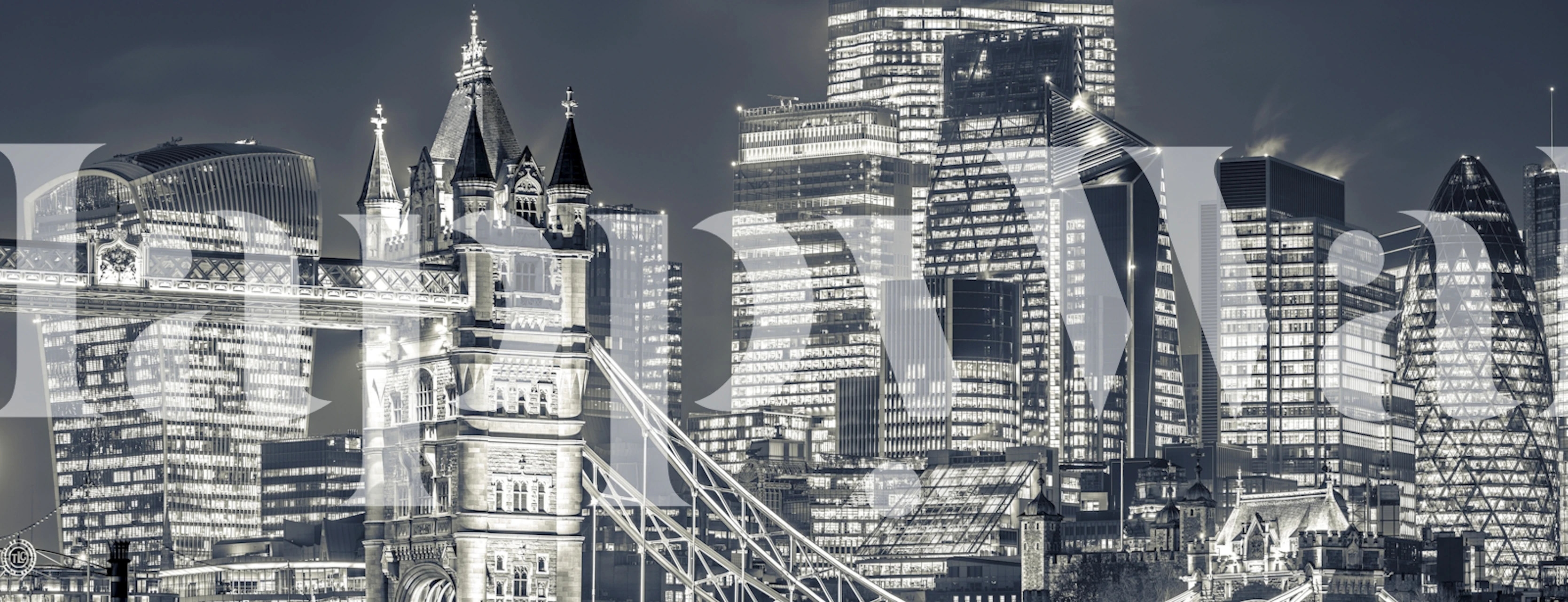 Black and white urban nightscape wallpaper featuring Tower Bridge and city skyline