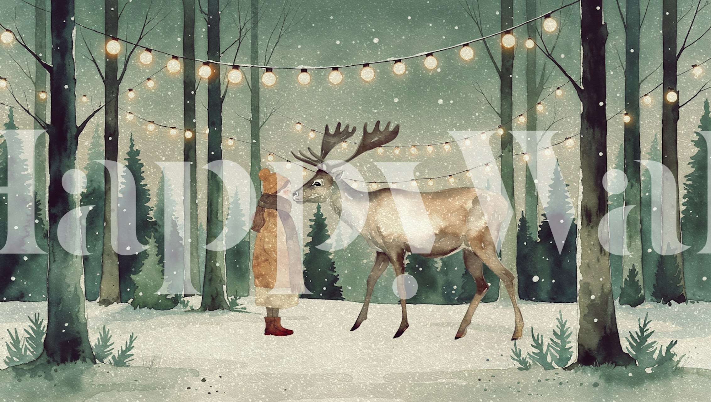 Girl in winter coat with deer in a snowy forest wallpaper