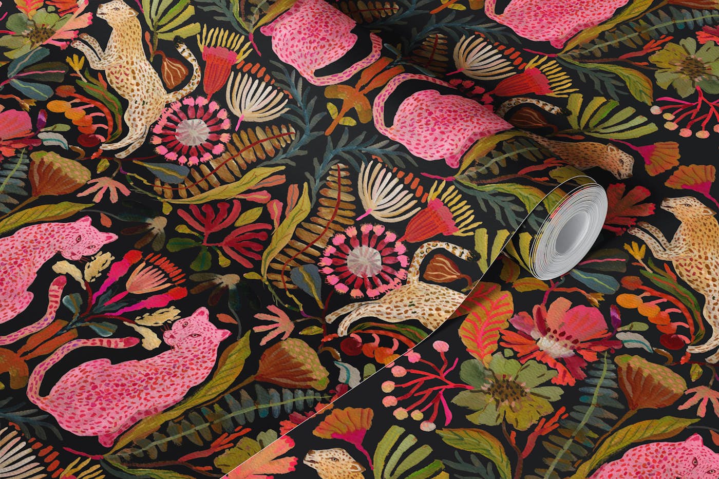 Vintage Cheetahs in Lush Jungle Black wallpaper roll