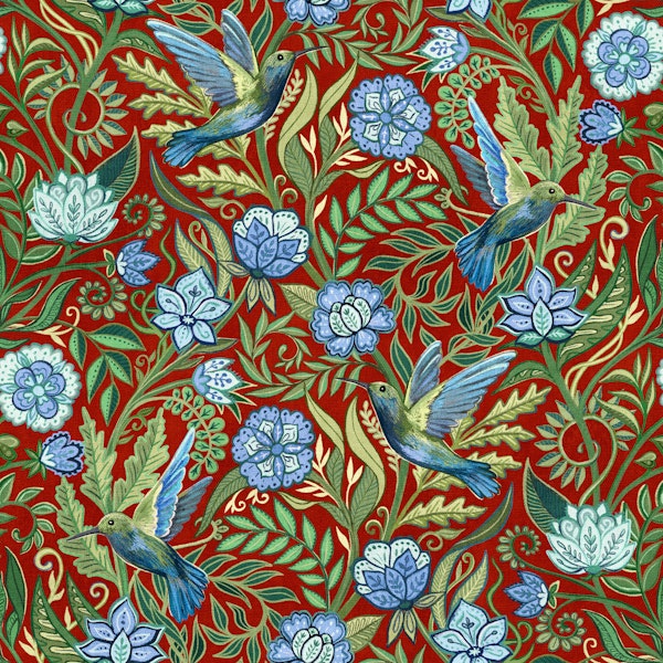 Hummingbird Chintz in Blue Green on Ruby Red