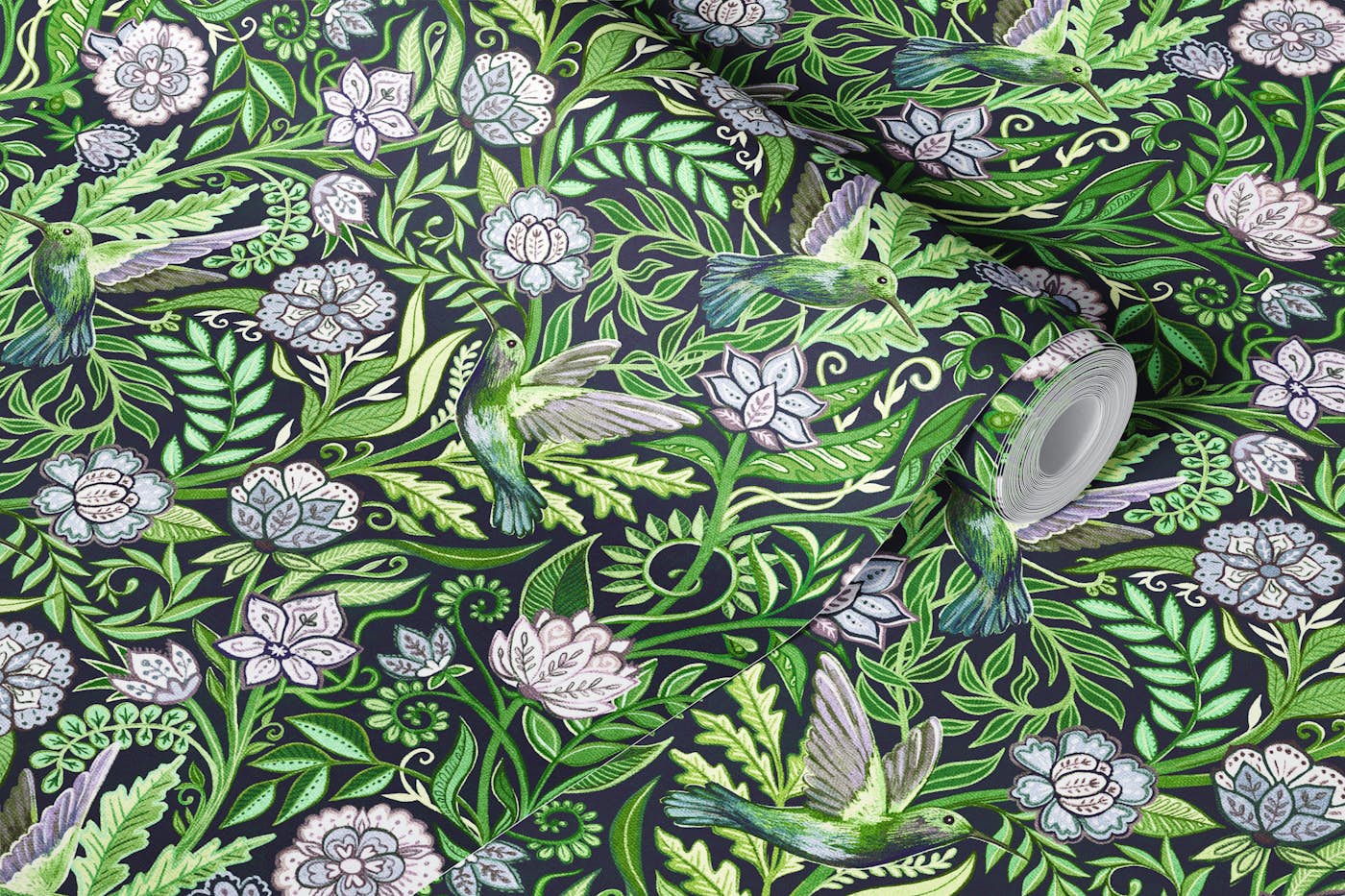 Hummingbird Chintz in Olive and Jade Green wallpaper roll