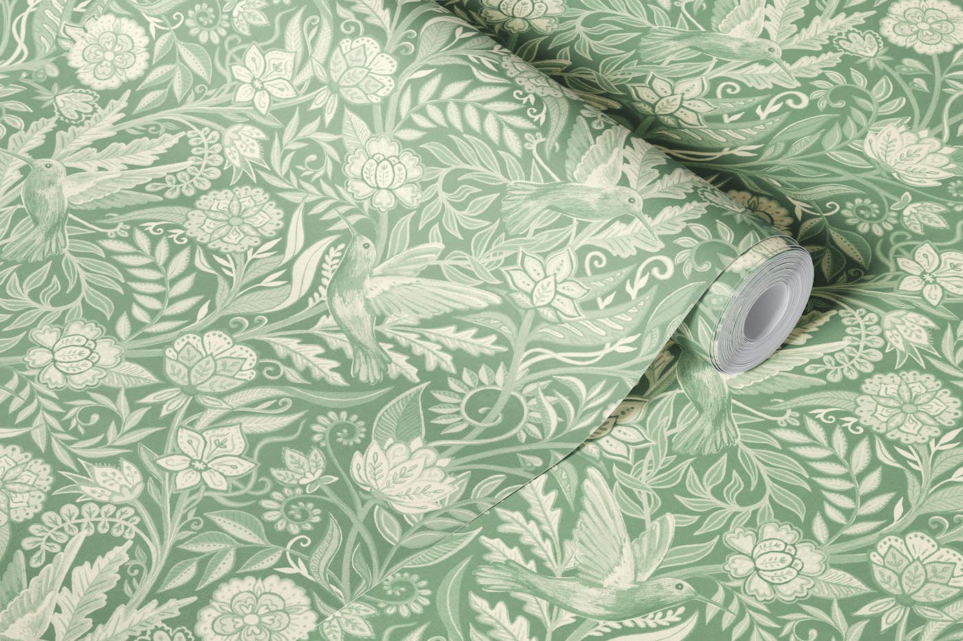 Hummingbird Chintz in Sage Green and Cream wallpaper roll