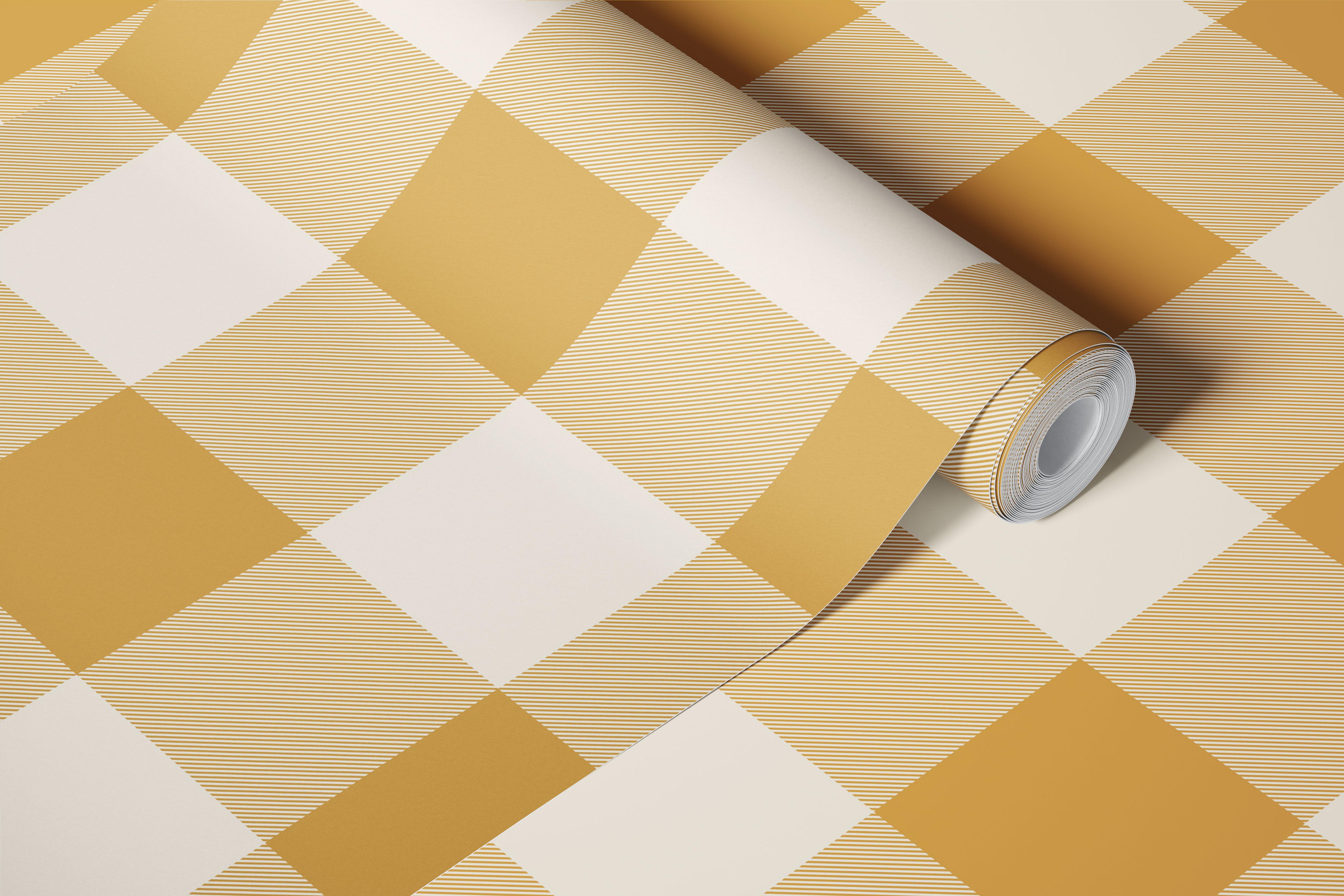 Golden mustard yellow gingham plaid behang in een kamer