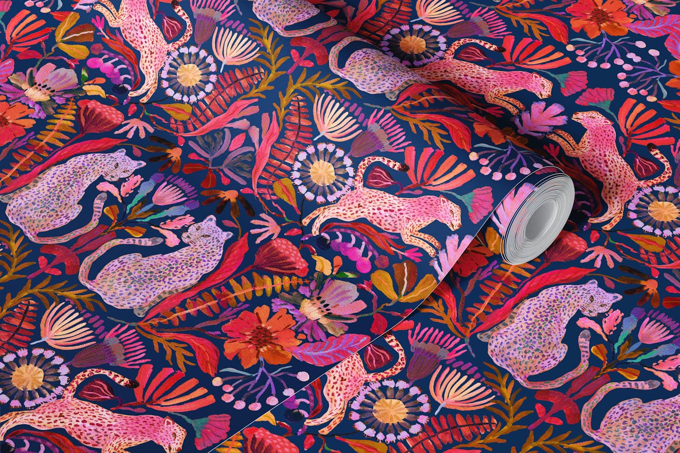 Vintage Cheetahs in Lush Jungle Dark Blue wallpaper roll