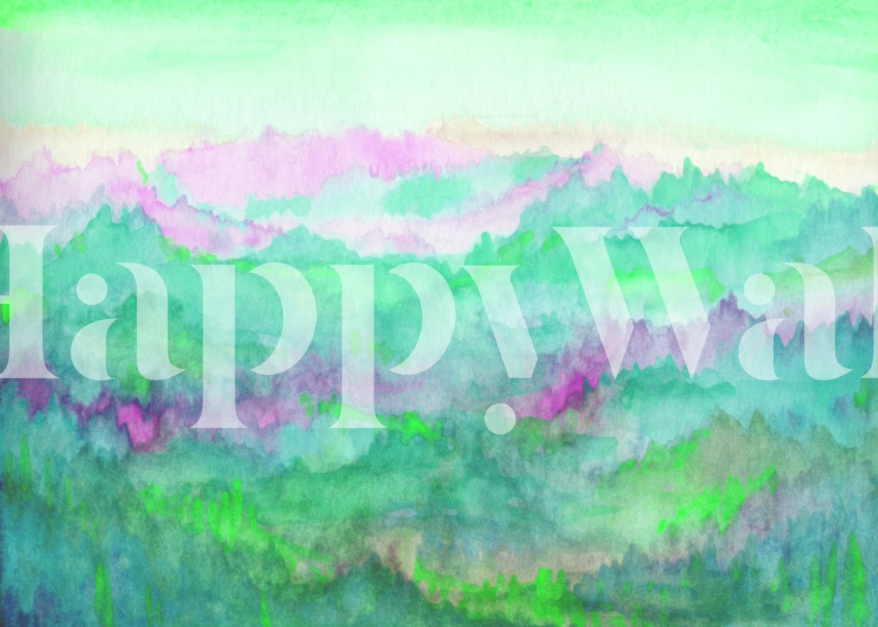 Abstract landscape in green and purple watercolor style wallpaper