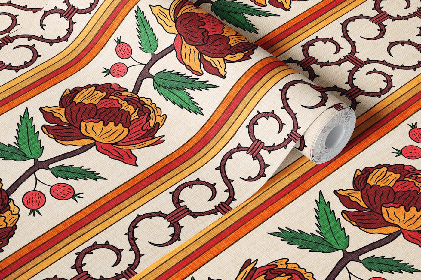 Roses and Thorns Stripe - Gold and Red wallpaper roll
