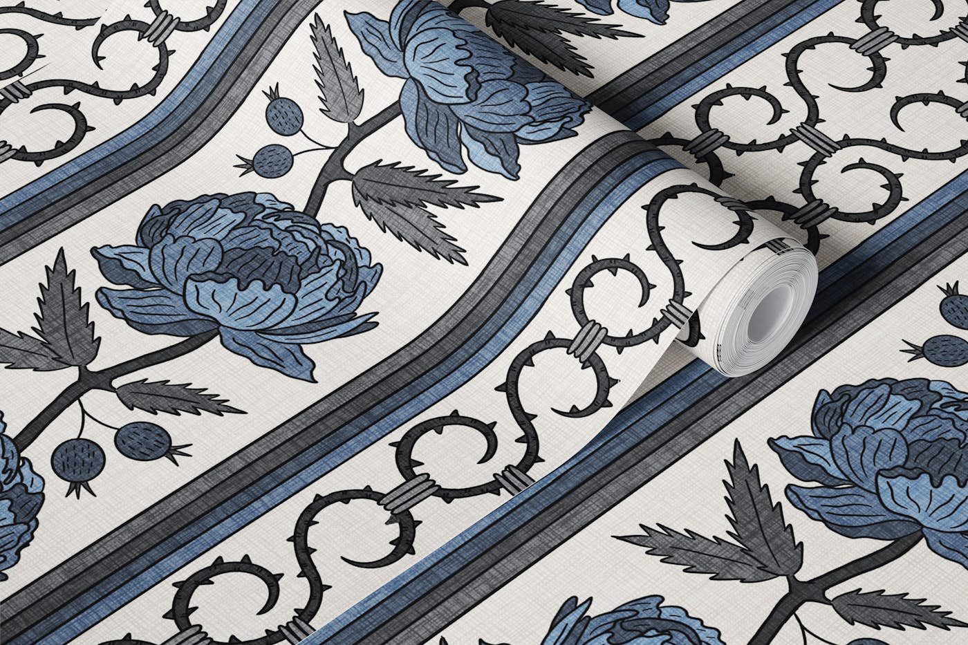 Roses and Thorns Stripe - Slate Blue & Gray wallpaper roll