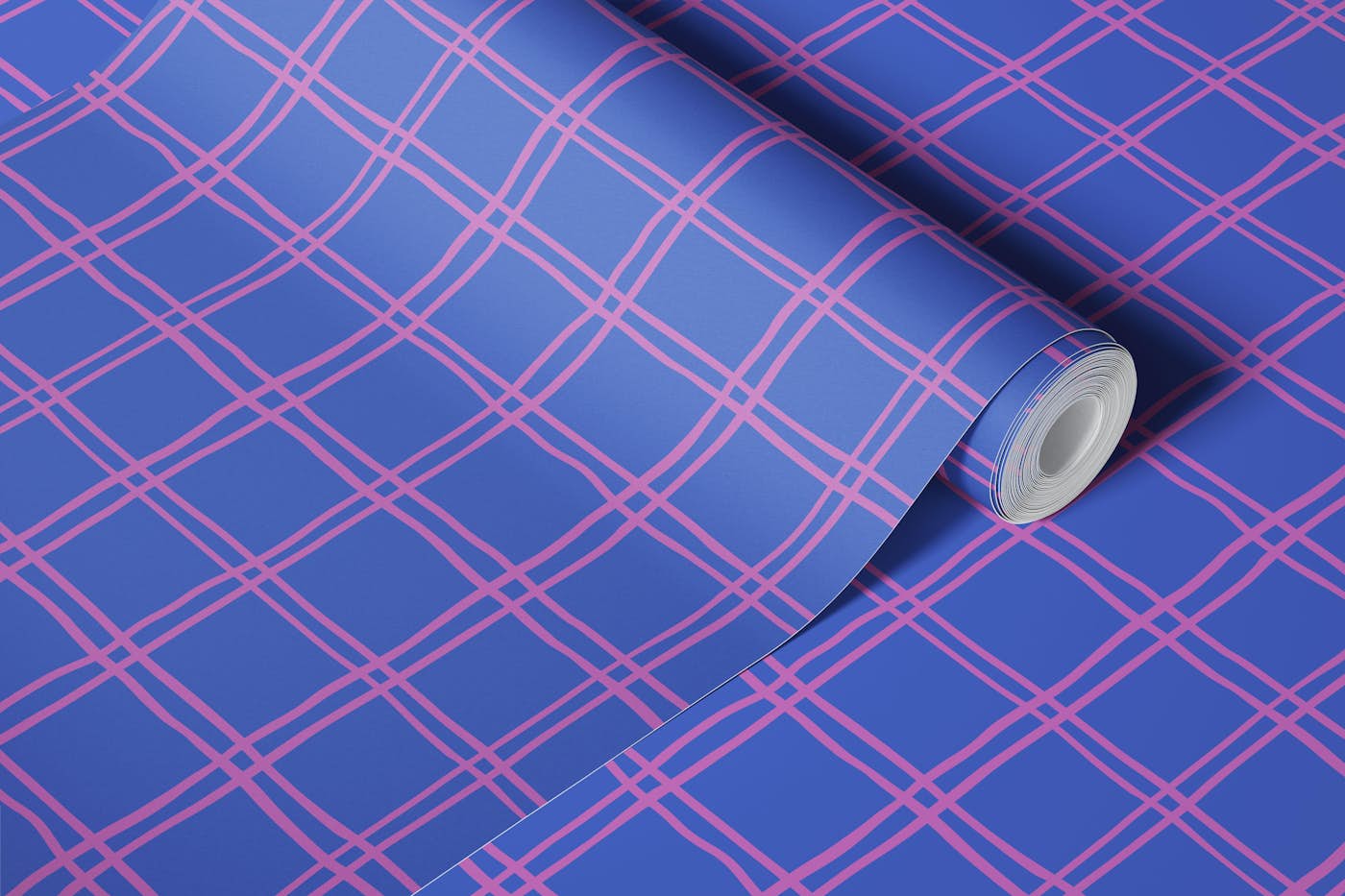 Moody blue and purple hand drawn check wallpaper roll
