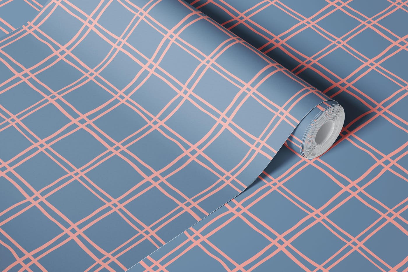 Petrol blue grey and pink hand drawn check wallpaper roll