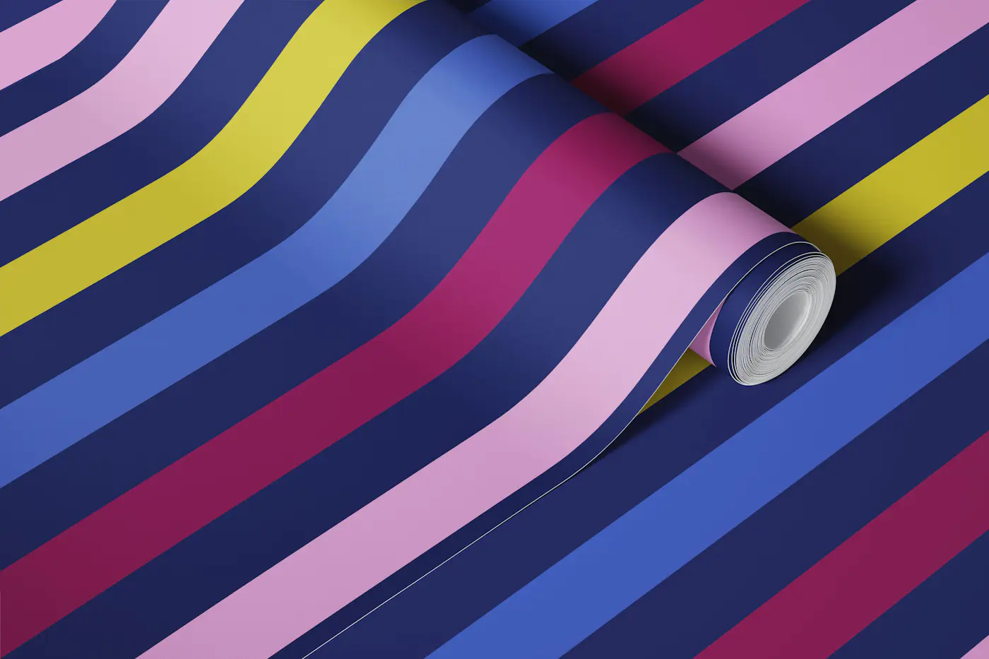 Navy awning stripe with bold dark rainbow wallpaper roll